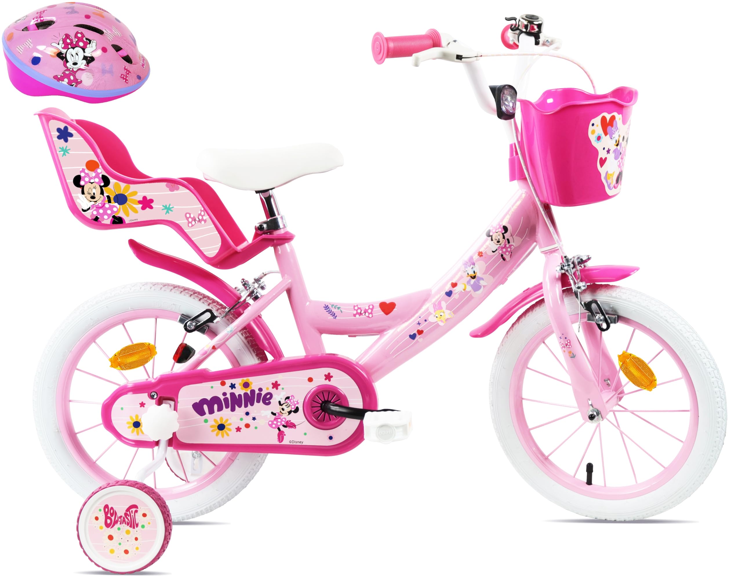 Vélo 14'' Fille Licence Minnie de Disney avec Casque Minnie Inclus. Vélo équipé de 2 Freins Caliper - Pneus Gonflables - Panier Avant - Porte-poupée arrière - Garde-Boue et 2 Stabilisateurs
