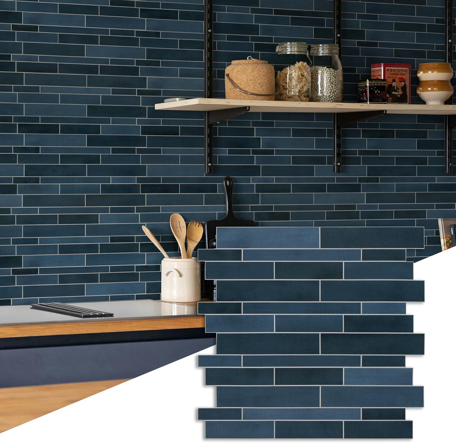 SUNWINGS 10-Sheet Peel and Stick Backsplash, 11.1" x 11.3" Blue Mixed Stone Composite Embellished Stripes Brick Self Adhesive Stick on Backsplash Wall Tile for Kitchen, Bathroom, Fireplace