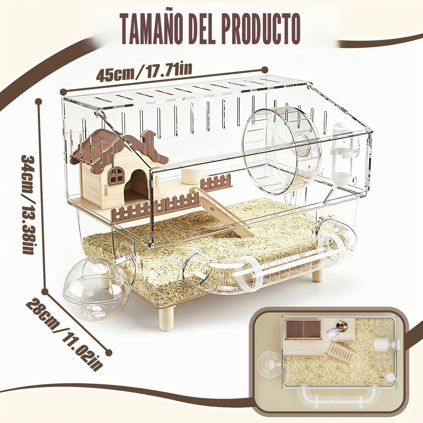 Jaula Hamster, 43 x 30 x 34 cm Jaula Grande para Hámster de Acrílico con Zona de Descanso Rueda de Ejercicio Túnel Baño Exterior Tetera y Comedero para Animales Pequeños para Jugar y Retozar