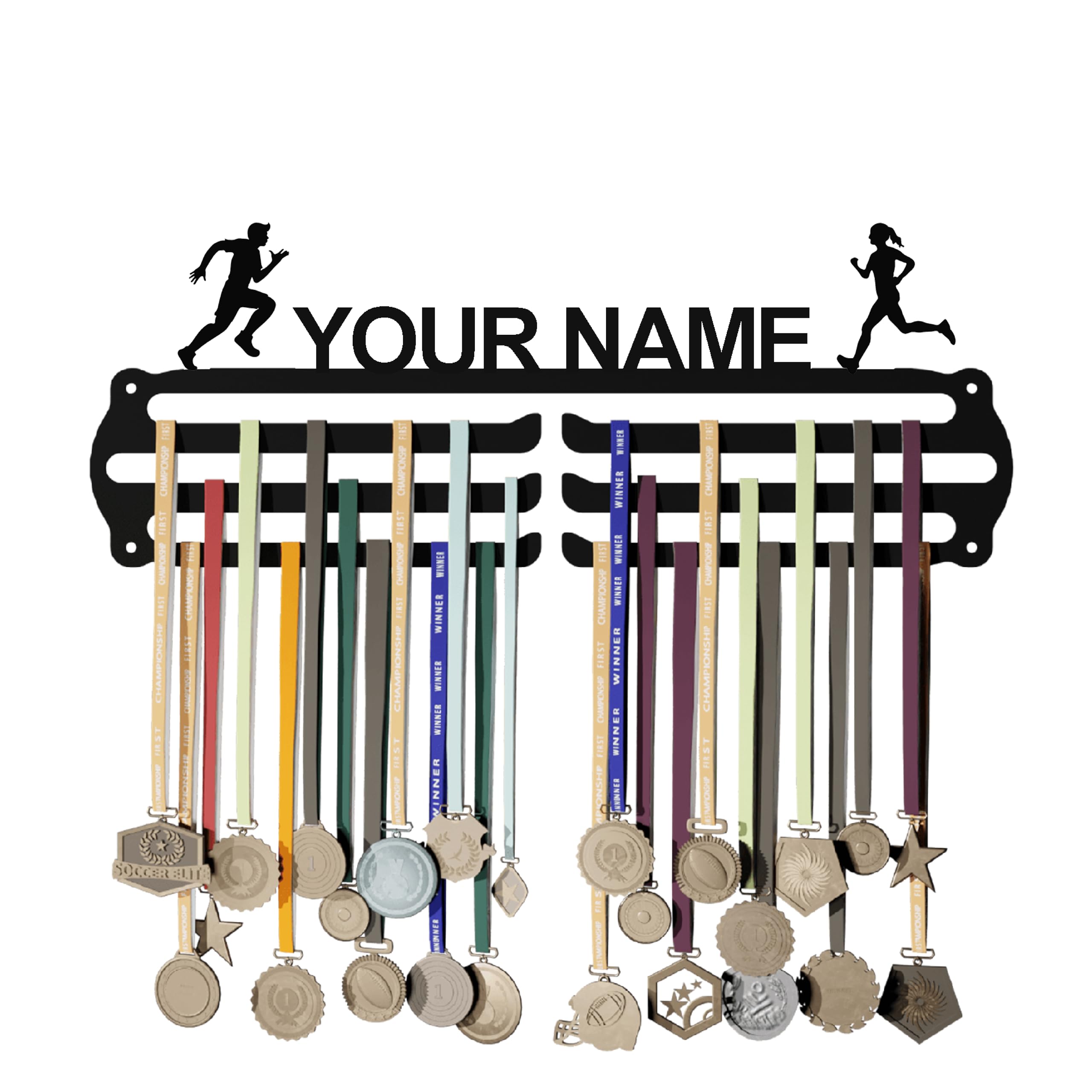 GLORY MEDAL HANGERS - Personalized Medal Hangers for Wall - Hang Up to 60 Medals | Metal | Sports Medal Wall Display | Medal Holder | Black Glossy Finish.