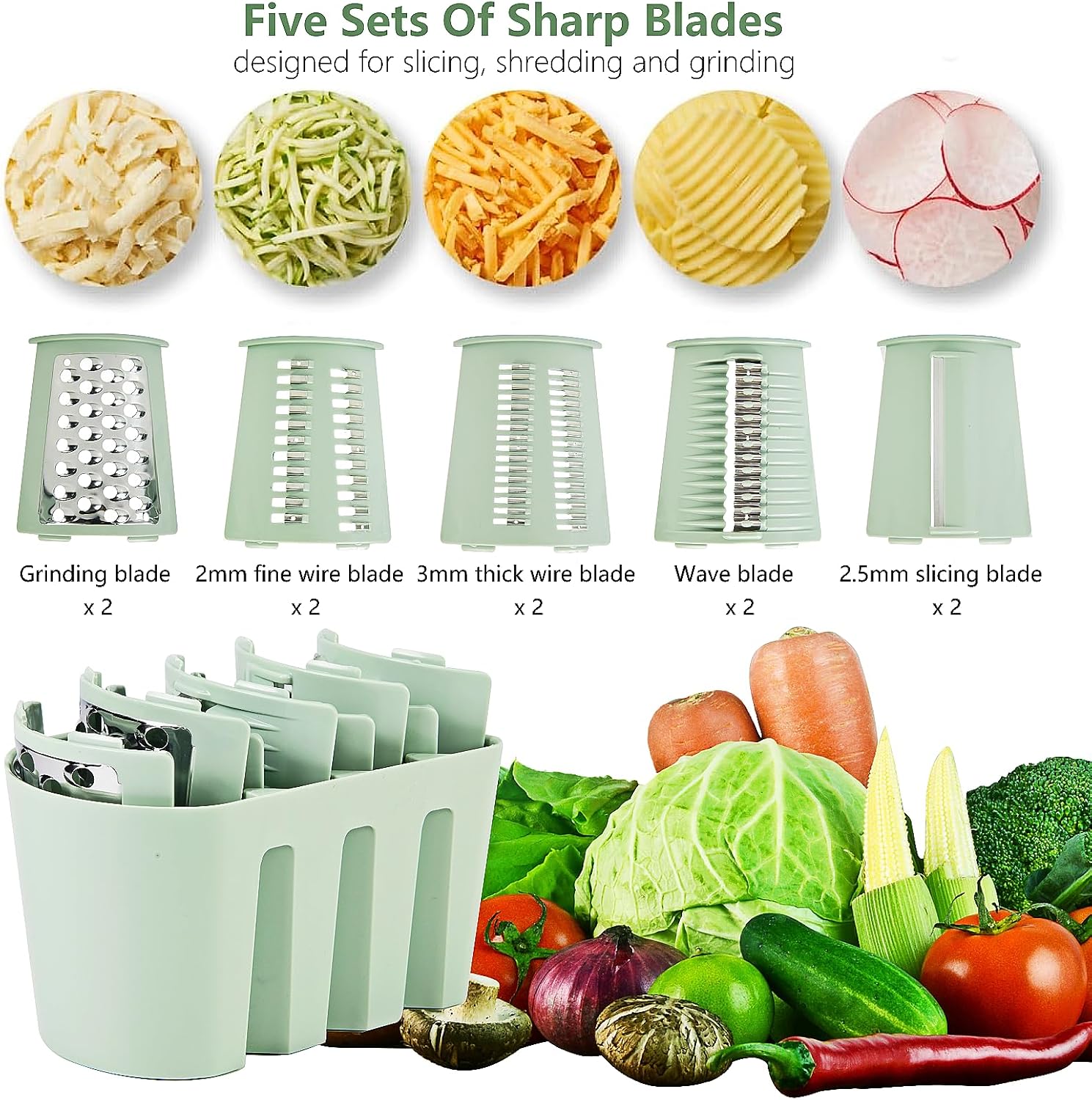 Rotary Cheese Grater with Handle: 5 in 1 Cheese Grater Hand Crank Cheese Shredder with Strong Suction Base Kitchen Vegetable Slicer with 5 Interchangeable Blades, Storage Box, Green