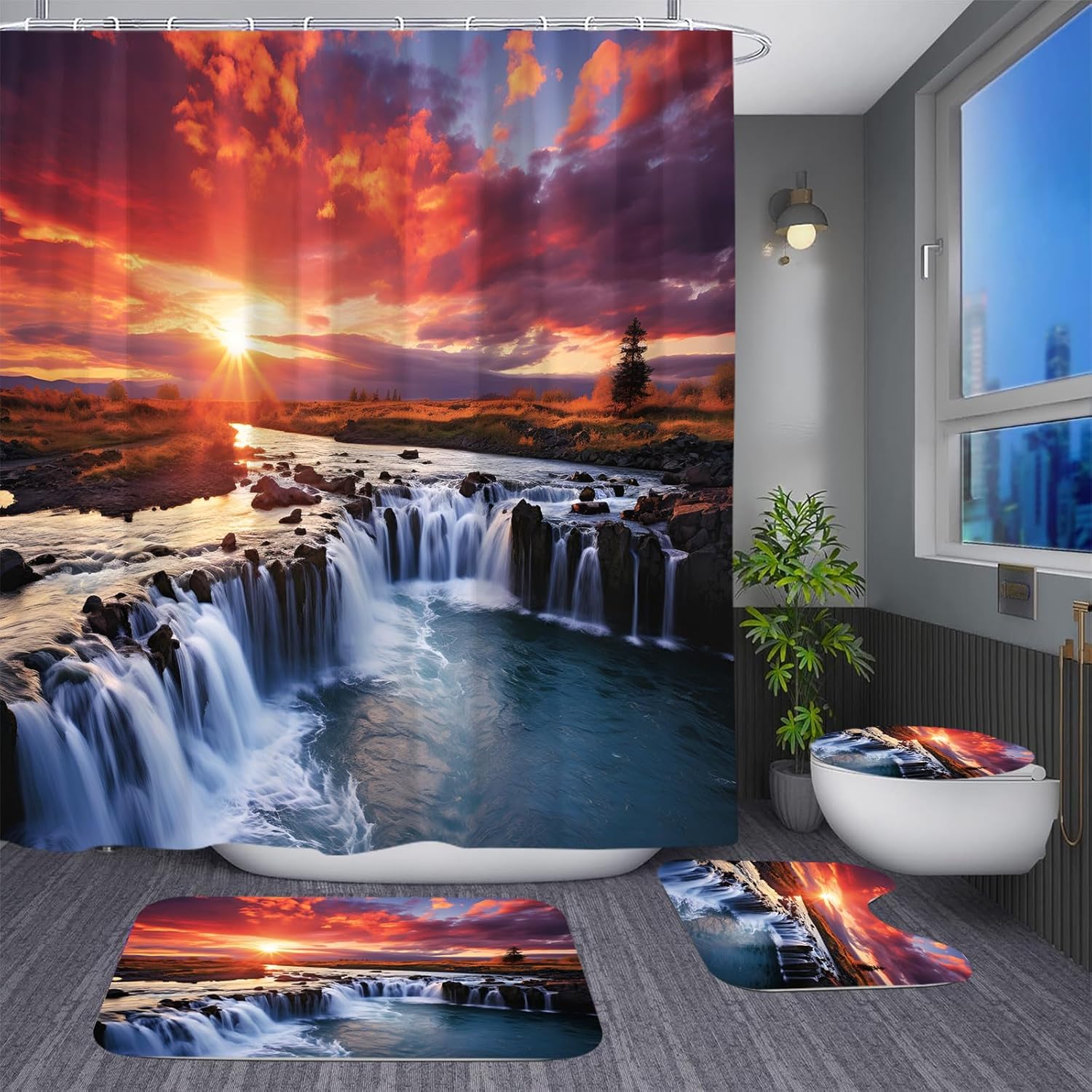 River Waterfall Bathroom Curtains Shower Beautiful Sunset Landscape Decor for Bath Meadows and Trees Mountain Bathroom Sets with Shower Curtain, Non Slip Rug, Bath Mat, Toilet Lid Cover, 12 Hooks