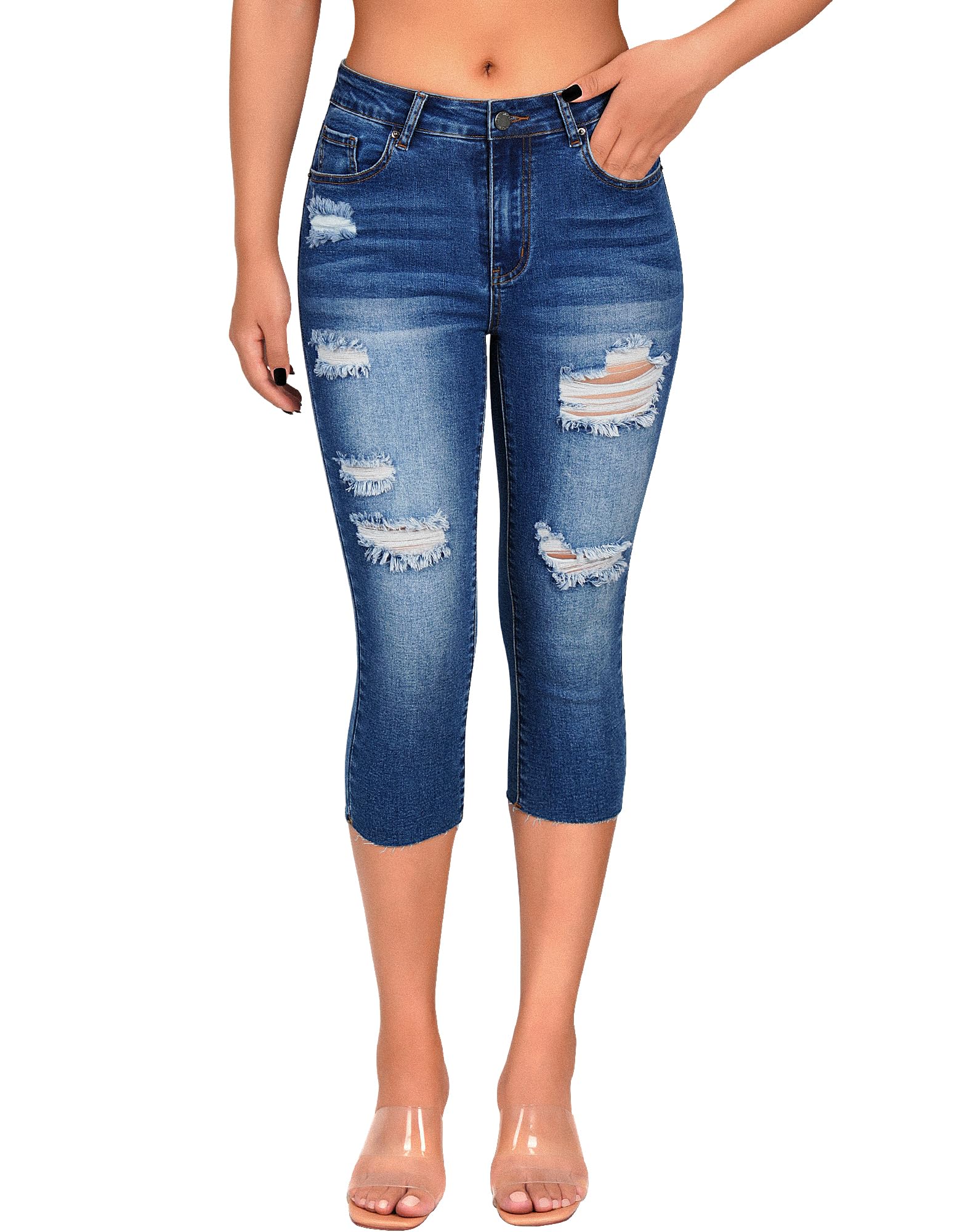roswearWomen's Capri Jeans Ripped Stretch Denim Capris Mid Rise Skinny Cropped Pants