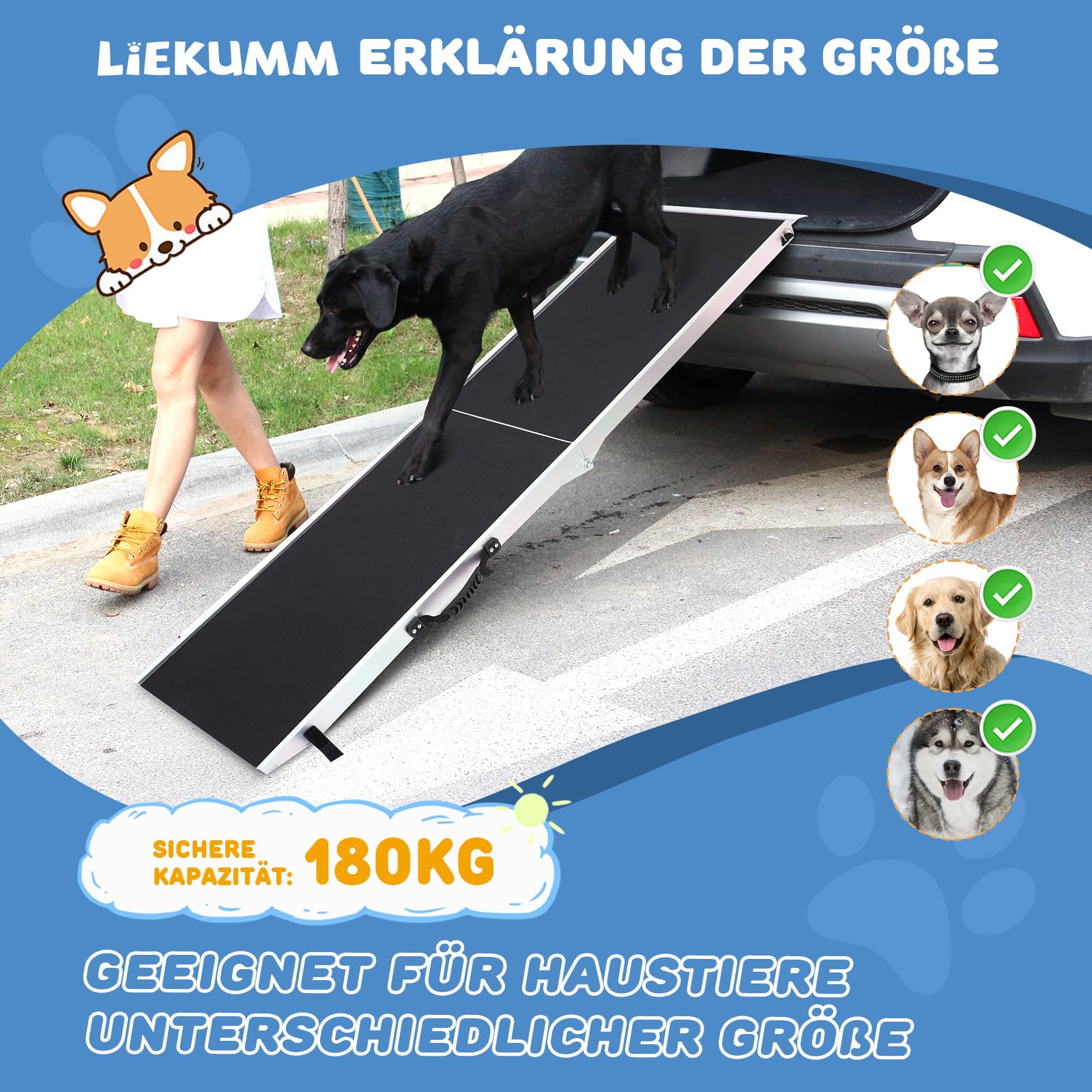 LIEKUMM Rampa para Perros, 184,5 cm Perro Rampa para Coches, 180kg Tragkraft Plegable para Mascotas, Rampa de para Perros para Coche Antideslizante