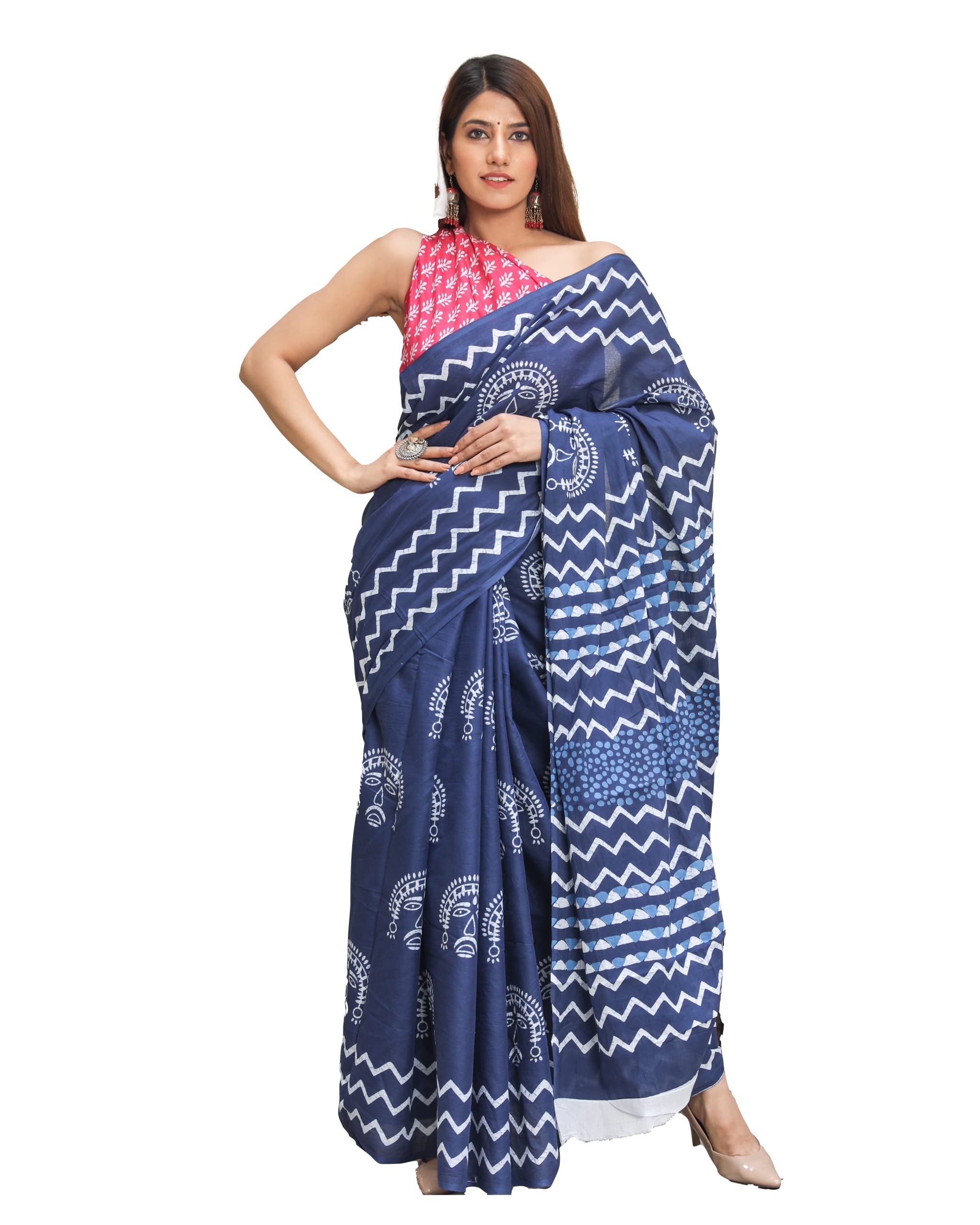 Sanganeri Block PrintWomen's Hand Block Kalamkari Batik Bagru Jaipuri Ikat Printed Handloom Pure Cotton Mulmul Traditional Ethnic Cotton Sarees With Printed Blouse Piece