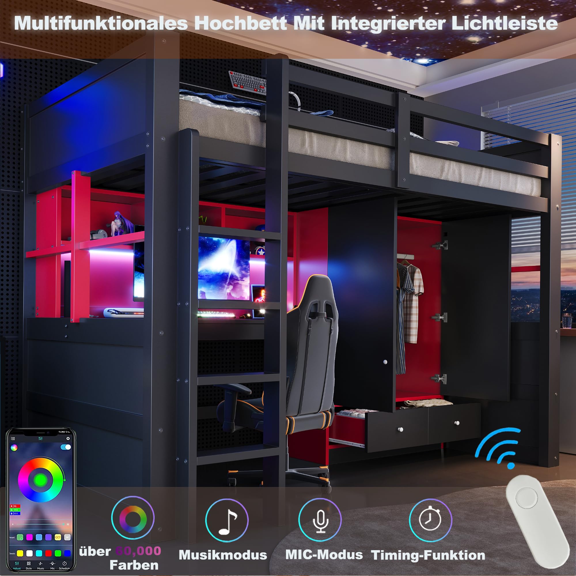Sapgaks Lit Mezzanine Enfant/Jeune en Bois 90 x 200 avec Bureau,LED,Ports USB/Type-C,Armoire,tiroirs,lit superposé,Style Gaming,Cadre de lit Mezzanine 1 Place,Noir-Rouge