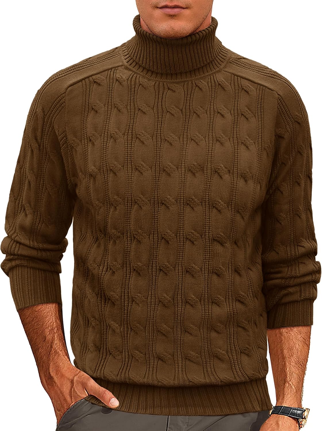 Cotrasen Men's Turtleneck Sweater Long Sleeve Cable Knit Sweater Casual Fall Winter Warm Twisted Pullover Sweaters
