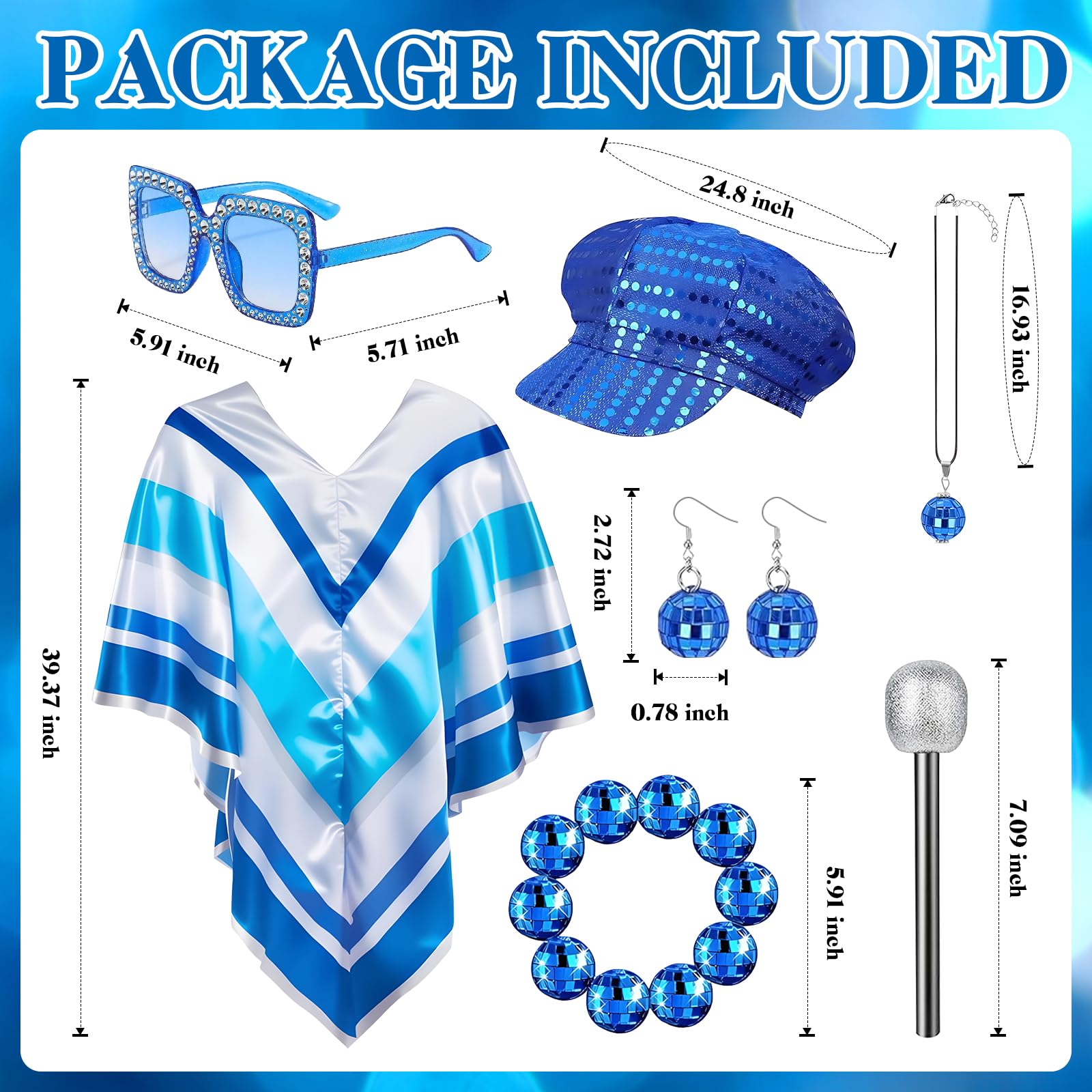 70s Disco Fancy Dress Set for Women 7PCS Retro Sequin Poncho Costume Accessories with Beret Hat, Square Sunglasses - Image 2