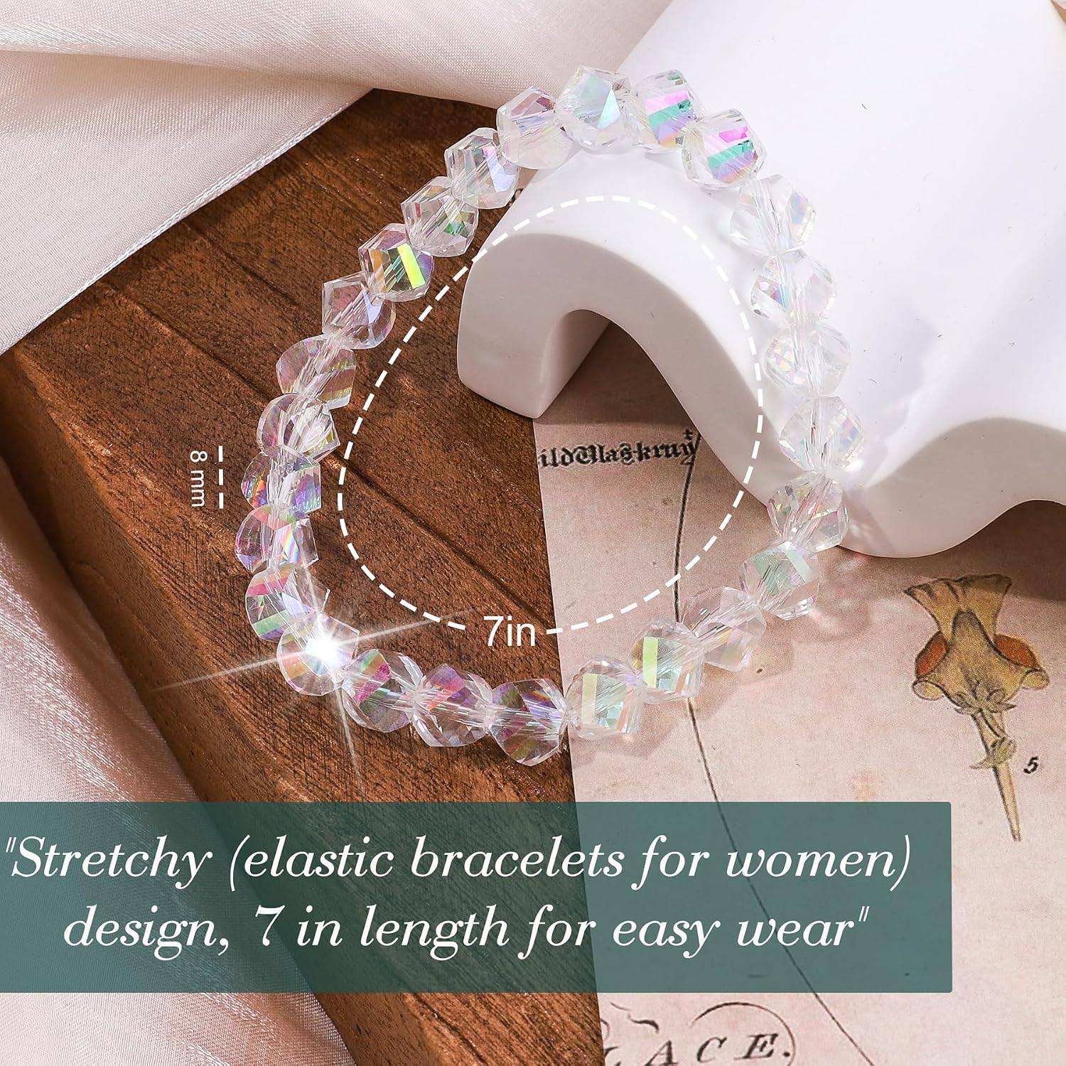 HANGINTHERE Stretch Crystal Beaded Bracelets for Women Trendy | Faceted, sparkling, 8mm Iridescent Beaded, 8g Light Fit, 7 in / 18 cm, Includes Velvet Pouch, Gifting on Mother's Day