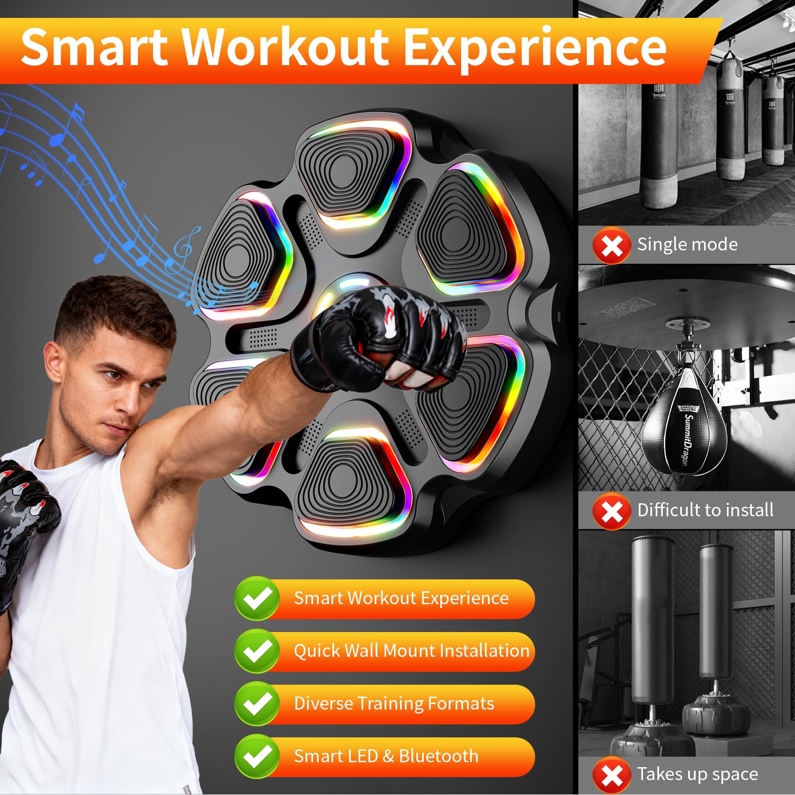 Máquina de boxeo musical con guantes de boxeo, máquina de montaje en pared para niños y adultos, equipo inteligente de gimnasio de boxeo Bluetooth, equipo de entrenamiento de boxeo para el hogar