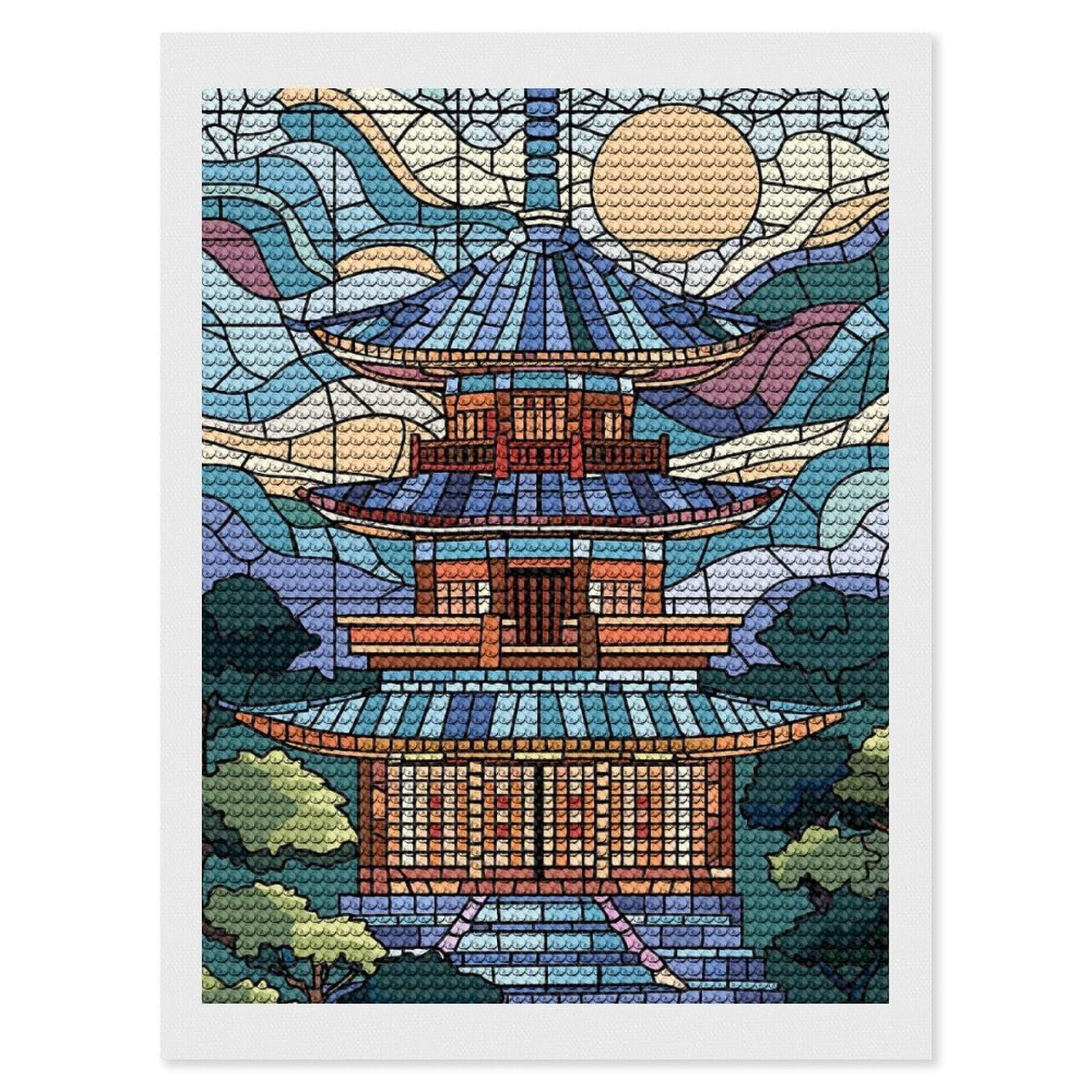 Junmoney Stained Glass Pagoda Landscape Full Drill Diamond Painting Kit 12"x16", Sparkling Round Gems, Decorate Your Room, Mindful Craft Activity