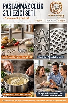 Transformacion 2'li Patates Ezici Seti - Çelik 25 cm Dalgalı Zigzag ve Delikli Püre Yapıcı Bebek Maması Sebze Ezme Aparatı 723540