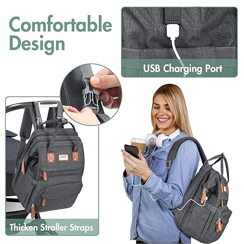 Miniatura 5 de HOBEST Mochila para pañales bolsa de pañales de viaje grande multifunción con cambiador y puerto de carga USB para mamás papás bolsa de bebé unisex