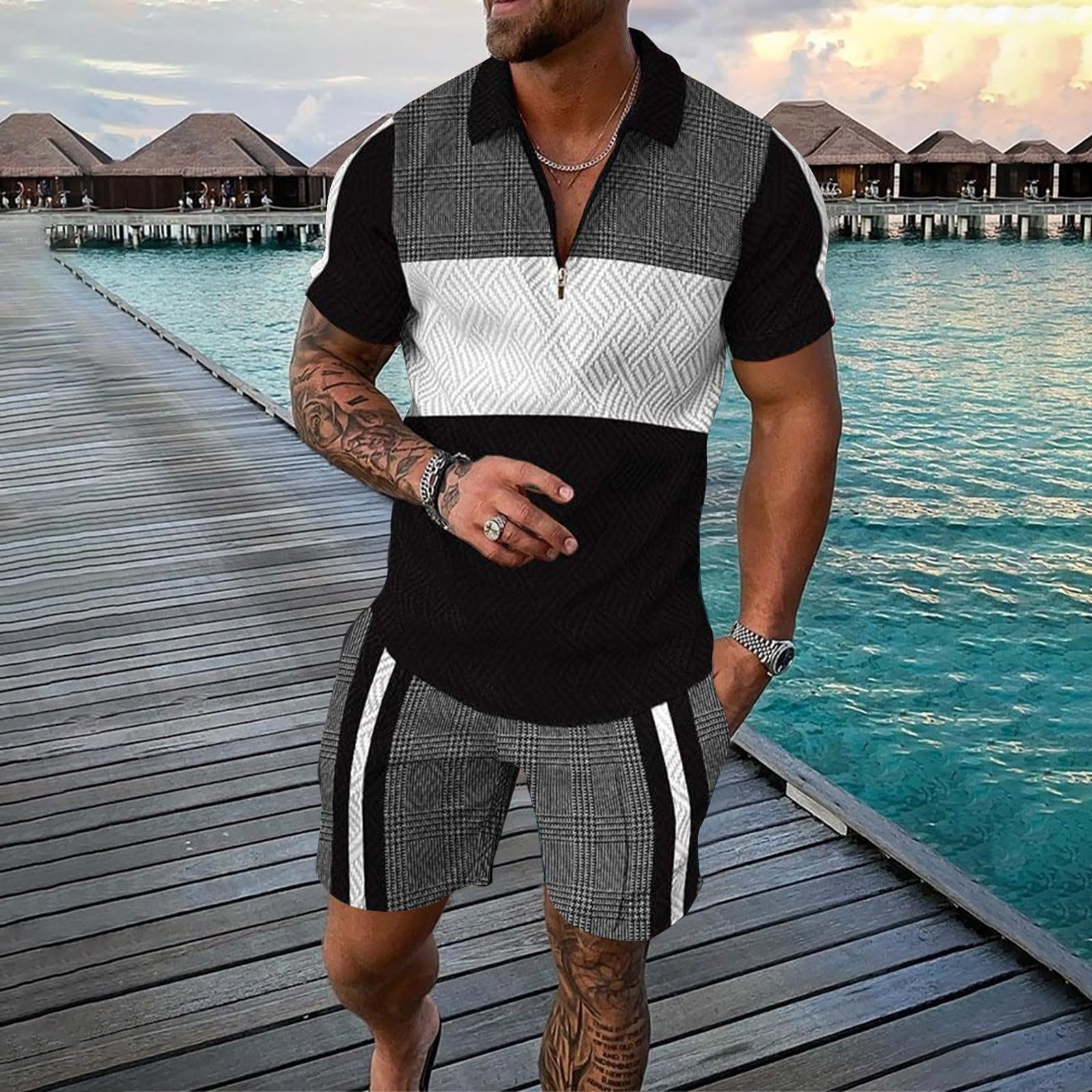 Herren Trainingsanzug Set 2-teilige Poloshirts Freizeitshorts Atmungsaktives Joggeranzug Drucken Funktionsanzug Herrenshirts Mode Sportshorts Reißverschluss Freizeitanzug für Outdoor