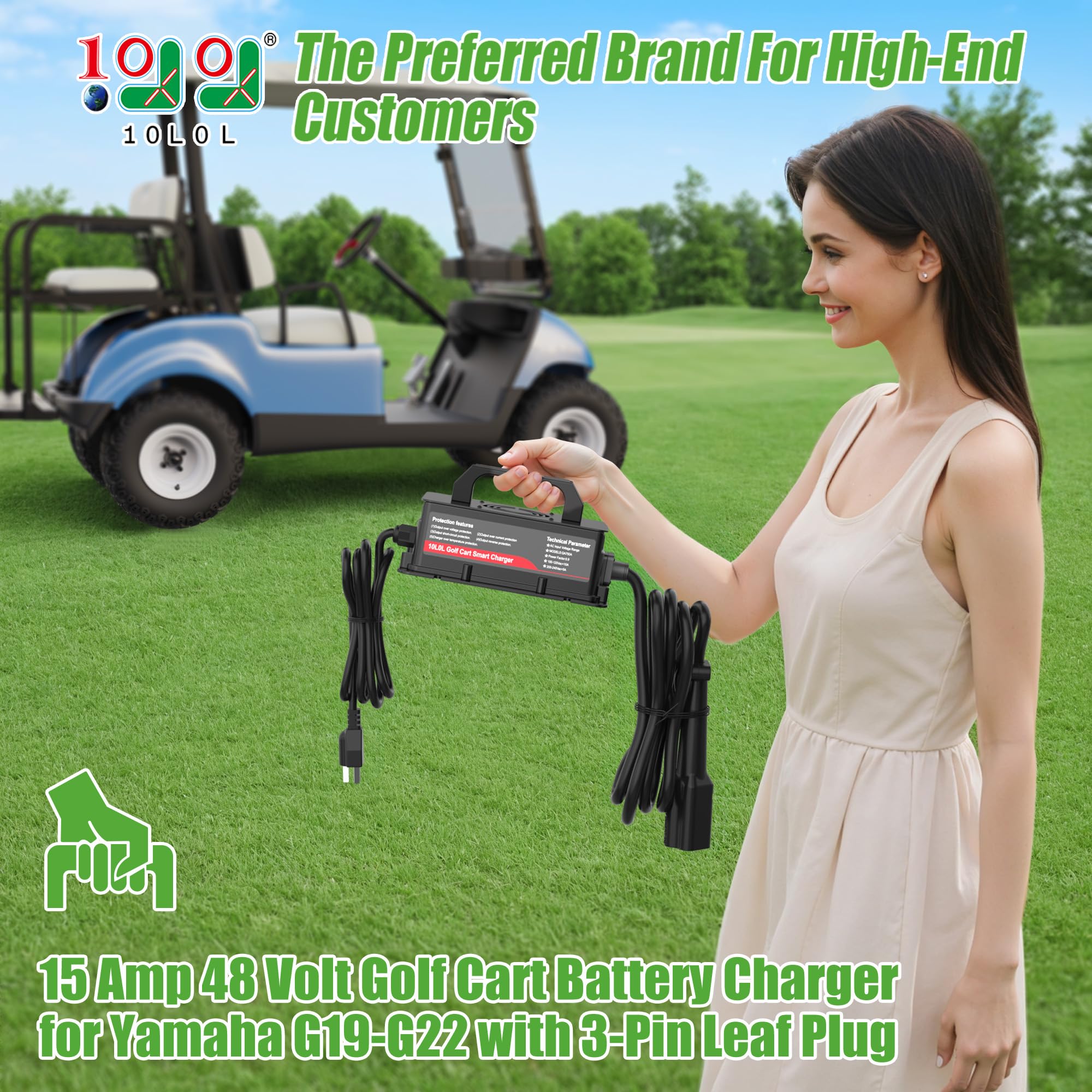 10L0L Cargador de batería de carrito de golf de 15 amperios y 48 voltios para carritos Yamaha G19/G2, cable de 16 pies con carga lenta, enchufe impermeable IP67 de 3 pines para batería de plomo-ácido