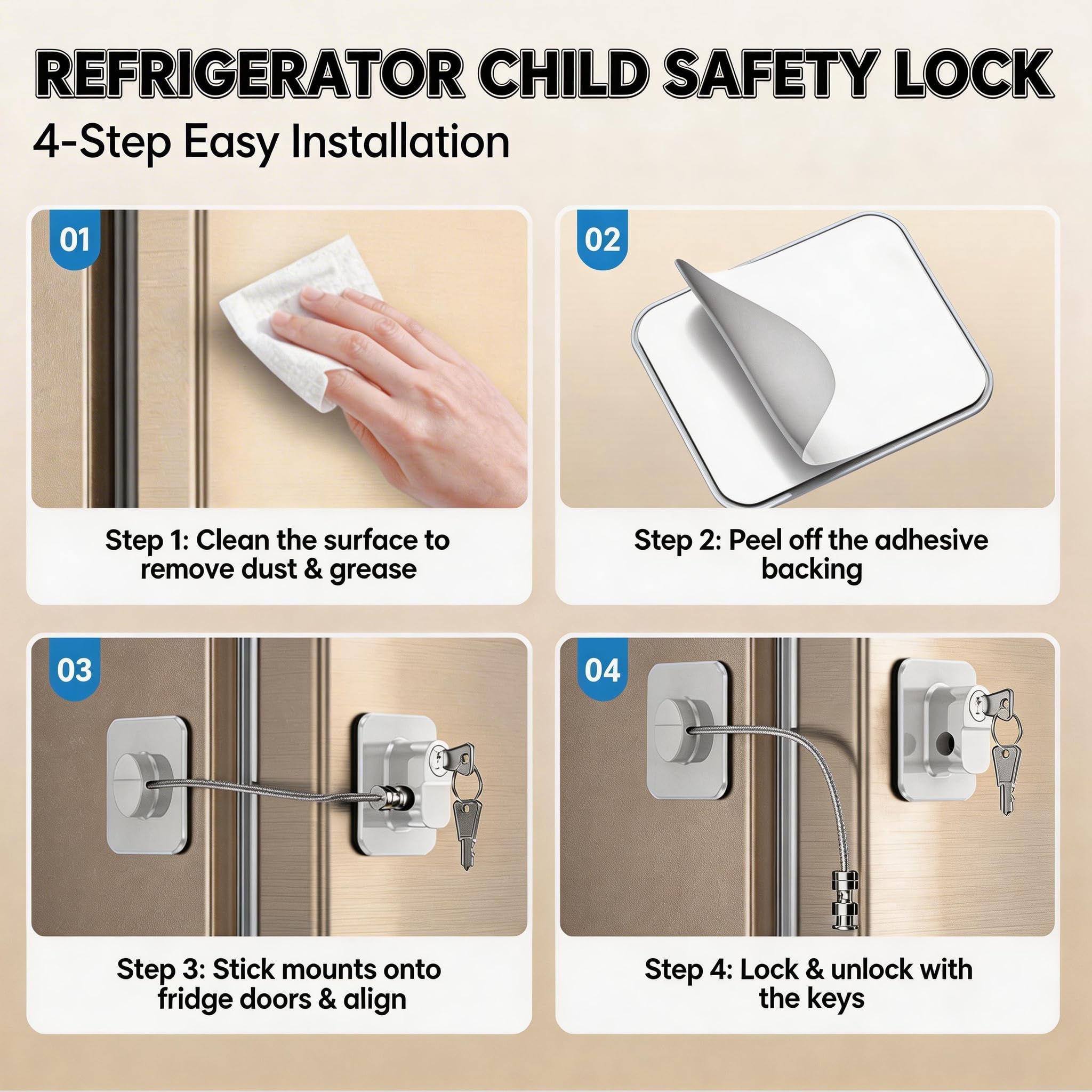 2 Pièce Cadenas Frigo Porte Avec des Clés pour Bébés, Enfants et Adultes, Verrou Frigo Auto-adhésif Bloque Cadenas Sécurité pour Frigo, Armoires et Tiroirs, Four, Fenêtres (Brevet) (Blanc-2 pièces)