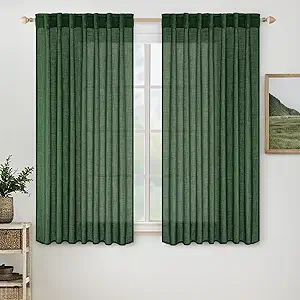 MIULEE Emerald Green Short Curtains 63 Inch Length 2 Panels for Kitchen Bedroom, Christmas Soft Thick Linen Textured Living Room Window Drapes Semi Sheer Light Filtering Back Tab Burlap Look Decor