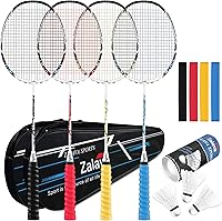 Zalava Badminton Rackets Set: 4 Lightweight Carbon Fiber Racquets, 3 Feather Shuttlecocks, Overgrips & Cases for Beginners & Pros