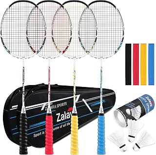 Zalava Badminton Rackets Set: 4 Lightweight Carbon Fiber Racquets, 3 Feather Shuttlecocks, Overgrips & Cases for Beginners & Pros