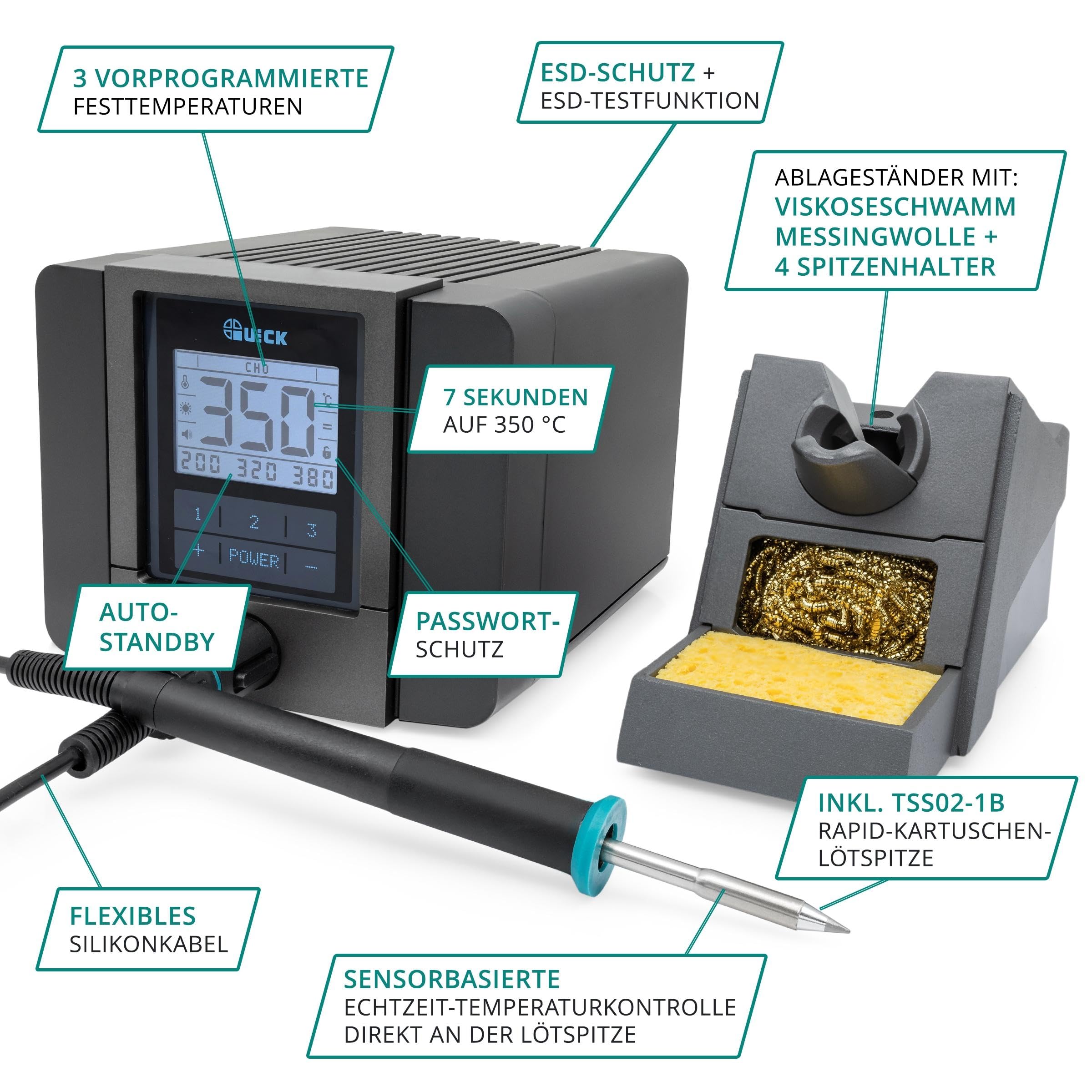 QUICK TS1200D digital regelbare Lötstation ESD 120W 200-420°C professionell sensorgeregelt inkl. 1mm Rapid-Kartuschen-Lötspitze - SMD Lötstation kalibrierbar mit 3 Multi-Temperatur-Speicher
