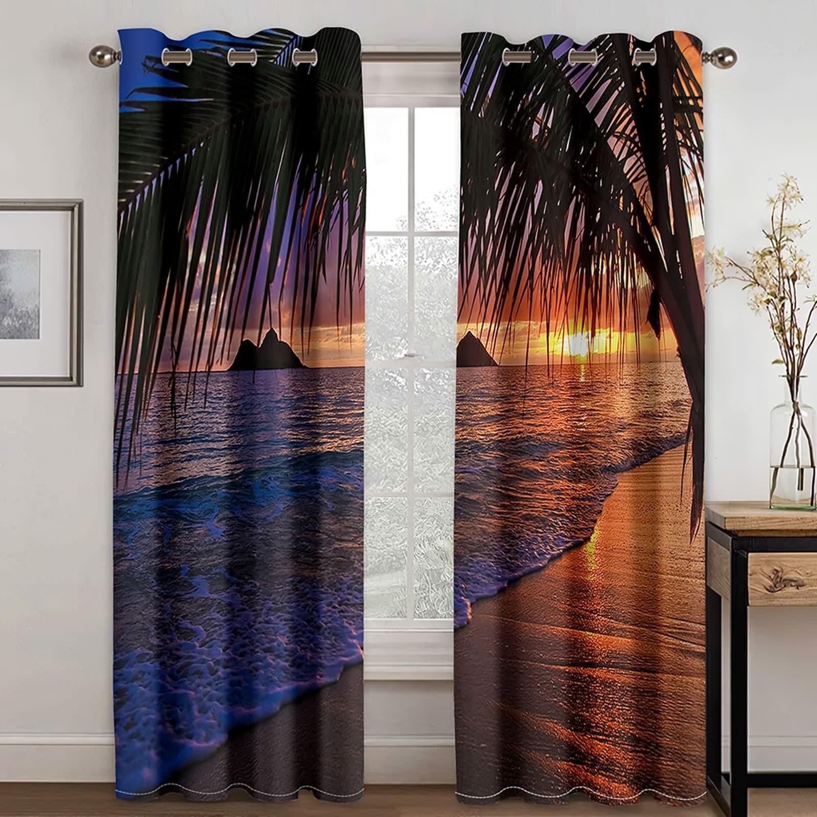 Rideau Fenetre Chambre, Rideau Cuisine Bleu Violet Marron Polyester Paysage de Coucher de Soleil sur La Plage 234L x 214H CM Lot de 2