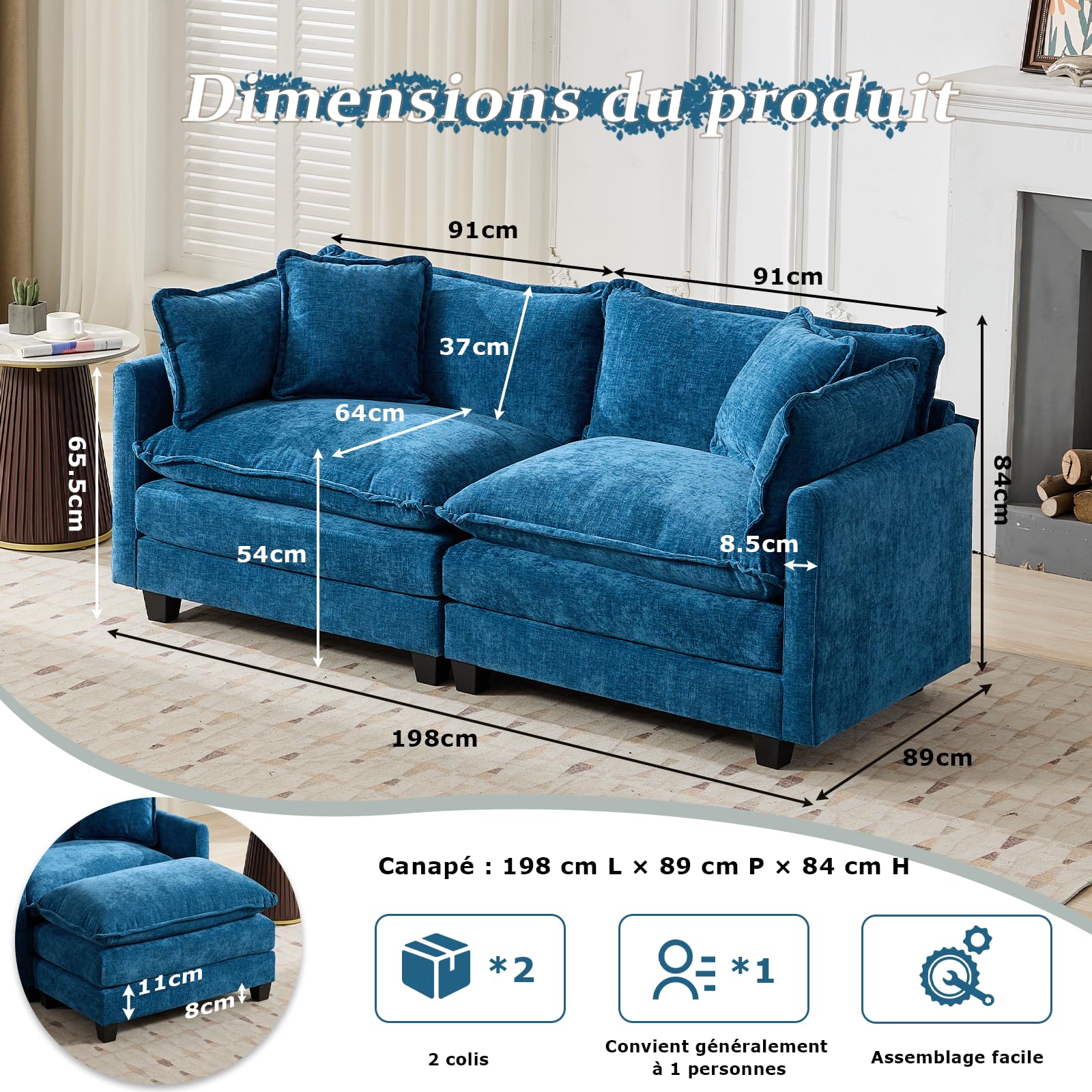 SoarFlash Canapé modulable 2 Places 198 cm, Chenille Bleue, Double Coussins | Tissu doux, résistant et respirant, fourni avec coussins et accoudoirs. Idéal pour salon, chambre et appartement.