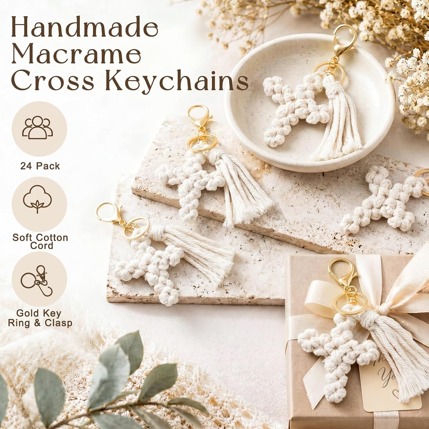 Nosiny Christian Keychain Bulk white Macrame Knitted Cross Keychain Decor Cotton Braided Pendant for Easter Christian Gifts