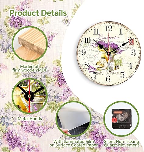 Miniatura 6 de TAHEAT Reloj de pared de lavanda, pequeño reloj de cocina vintage floral Provenza, relojes de pared retro rústicos a pilas para sala de estar,