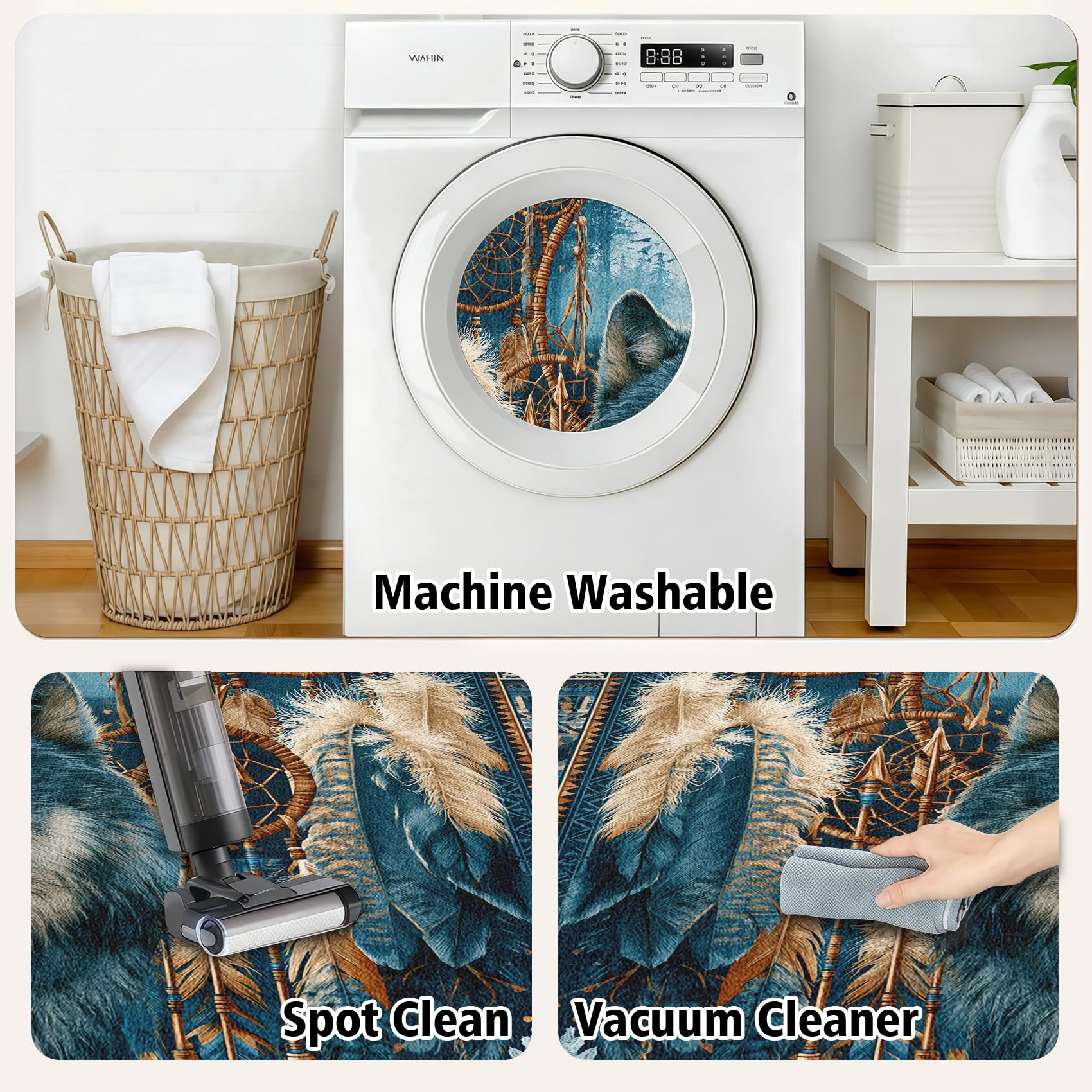 Teppich Wolf Native American Teppiche Schlafzimmer 100x150 Traumfänger | für Schlafzimmer Bettvorleger, Weicher Waschbarer & Kurzflor Rutschfester