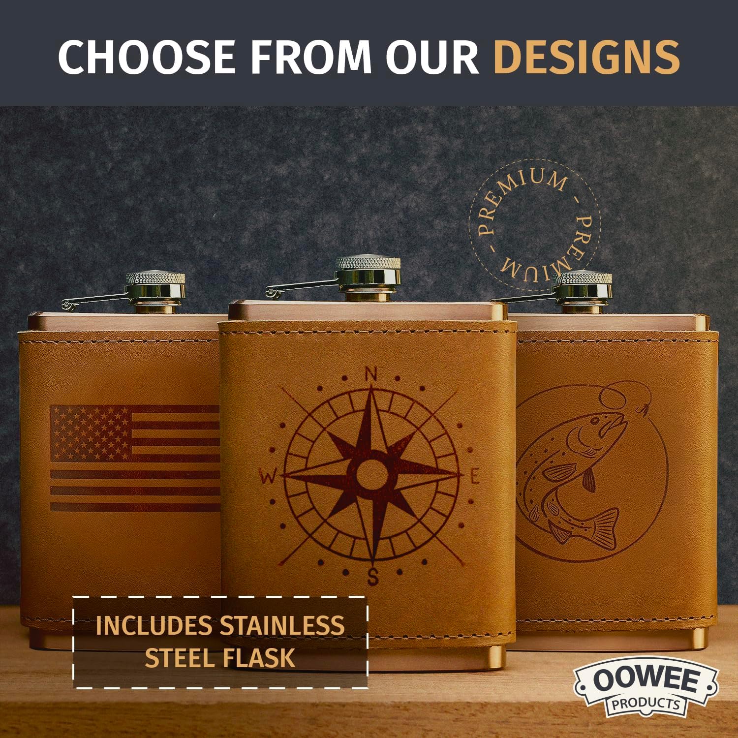 Oowee Genuine Leather Sleeve + Flask | Great Groomsmen Gift & Present for Men | Whiskey Flask for Men and Women | Made in the USA - American Flag