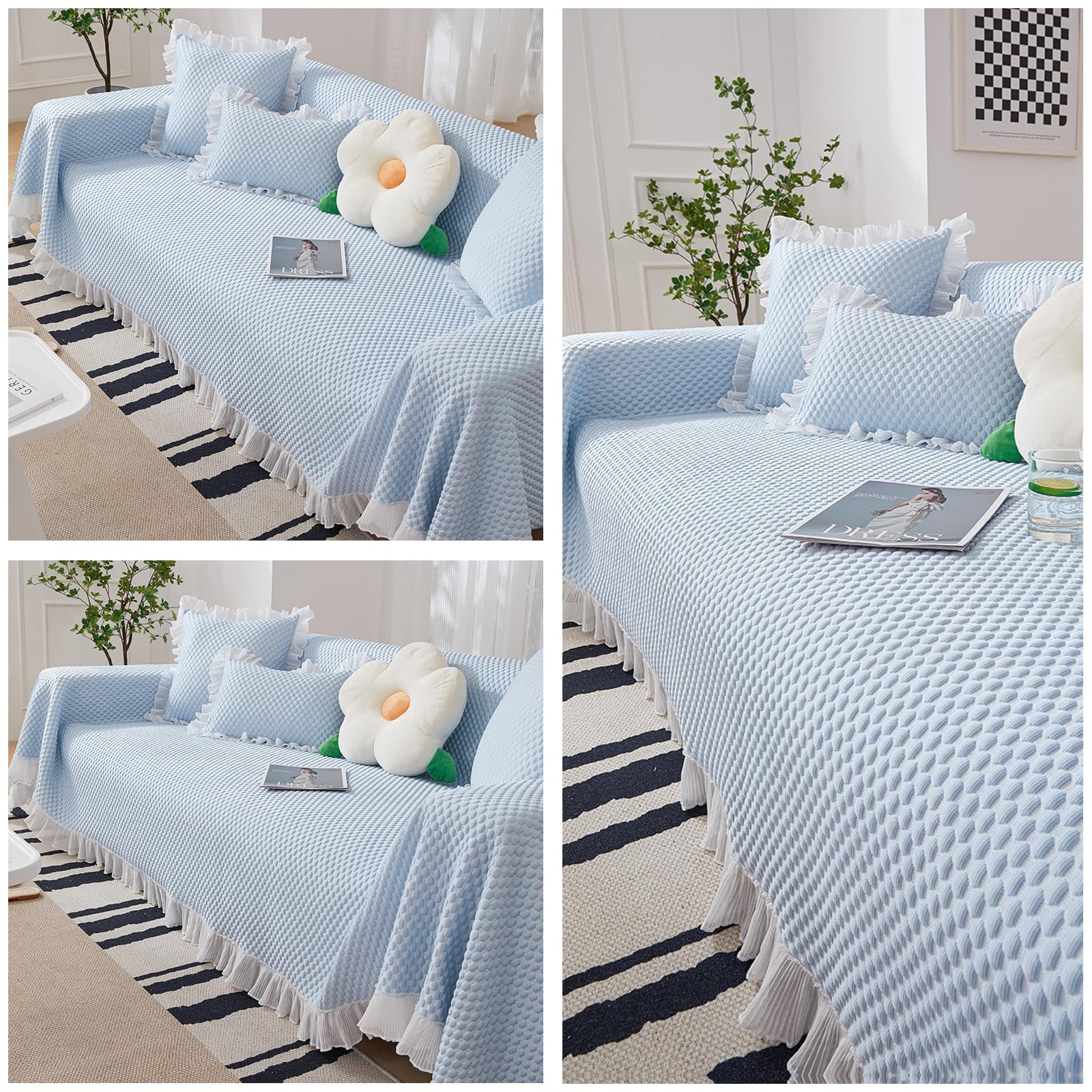Copridivano estivo per divano a 3 posti, tessuto lavabile, look fresco, per soggiorno, 180 x 300 cm, blu - Slish & Fur Shield