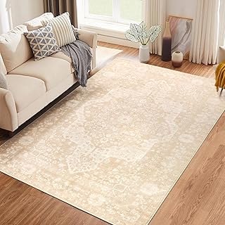 Vintage Teppich Wohnzimmer 120x180cm, Waschbarer Teppich Schlafzimmer, Boho Kurzflor Esszimmer Orientalischer Teppiche, Weich rutschfest Teppiche für Küche Kinderzimmer, Creme