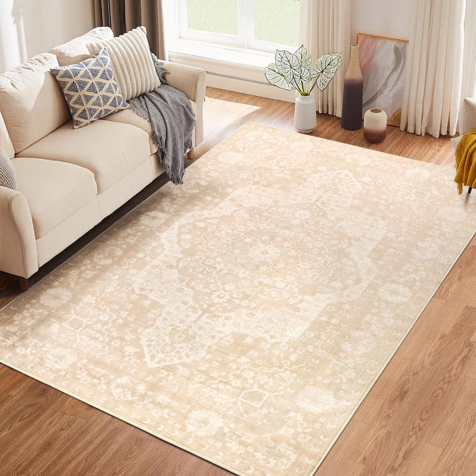 TUKDAK Vintage Teppich Wohnzimmer 120x180cm, Waschbarer Teppich Schlafzimmer, Boho Kurzflor Esszimmer Orientalischer Teppiche, Weich rutschfest Teppiche für Küche Kinderzimmer, Creme