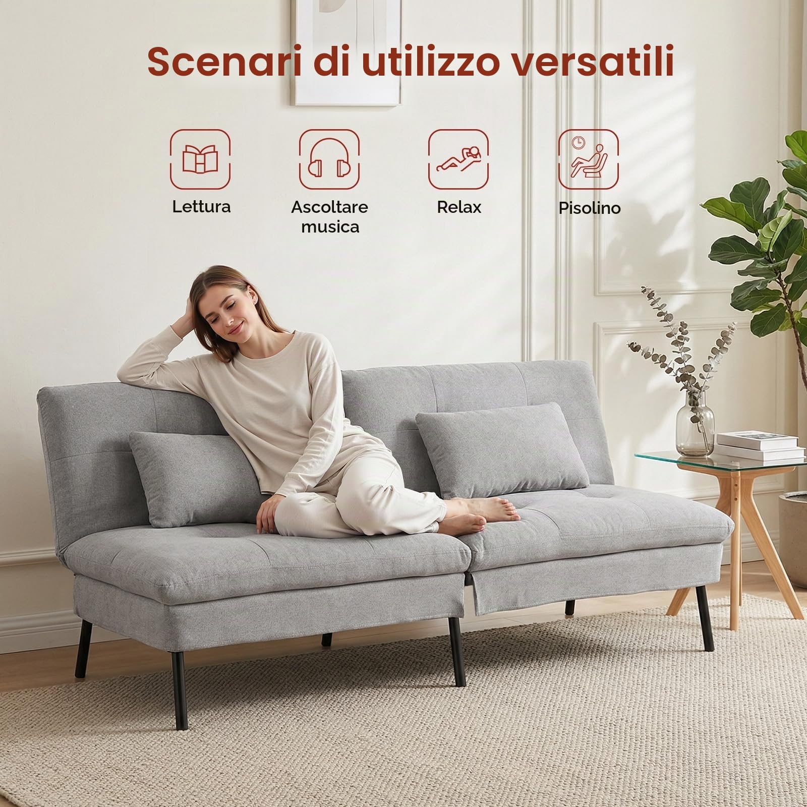 WOLTU Divano Letto 2 Posti, 2 Cuscini, Schienale Regolabile, Grigio Chiaro