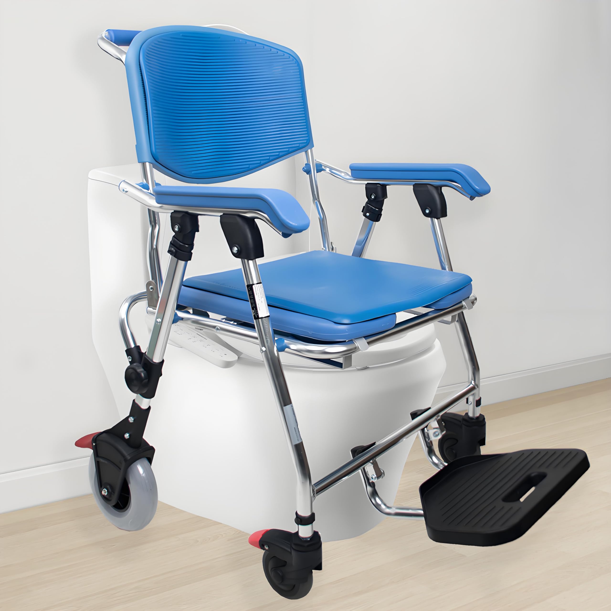 Sedia Comoda WC per Anziani con Rotelle, Sedia Comoda Pieghevole WC per Disabili con Padella, Sedia da Doccia Impermeabile e Antiscivolo con Braccioli e Schienale, Portata 150kg