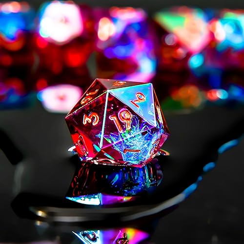 Vista 35 de DND - Juego de dados hechos a mano, 7 accesorios, dados de borde afilado para juegos TTRPG de Calabozos y Dragones, RPG multicara de resina Negro