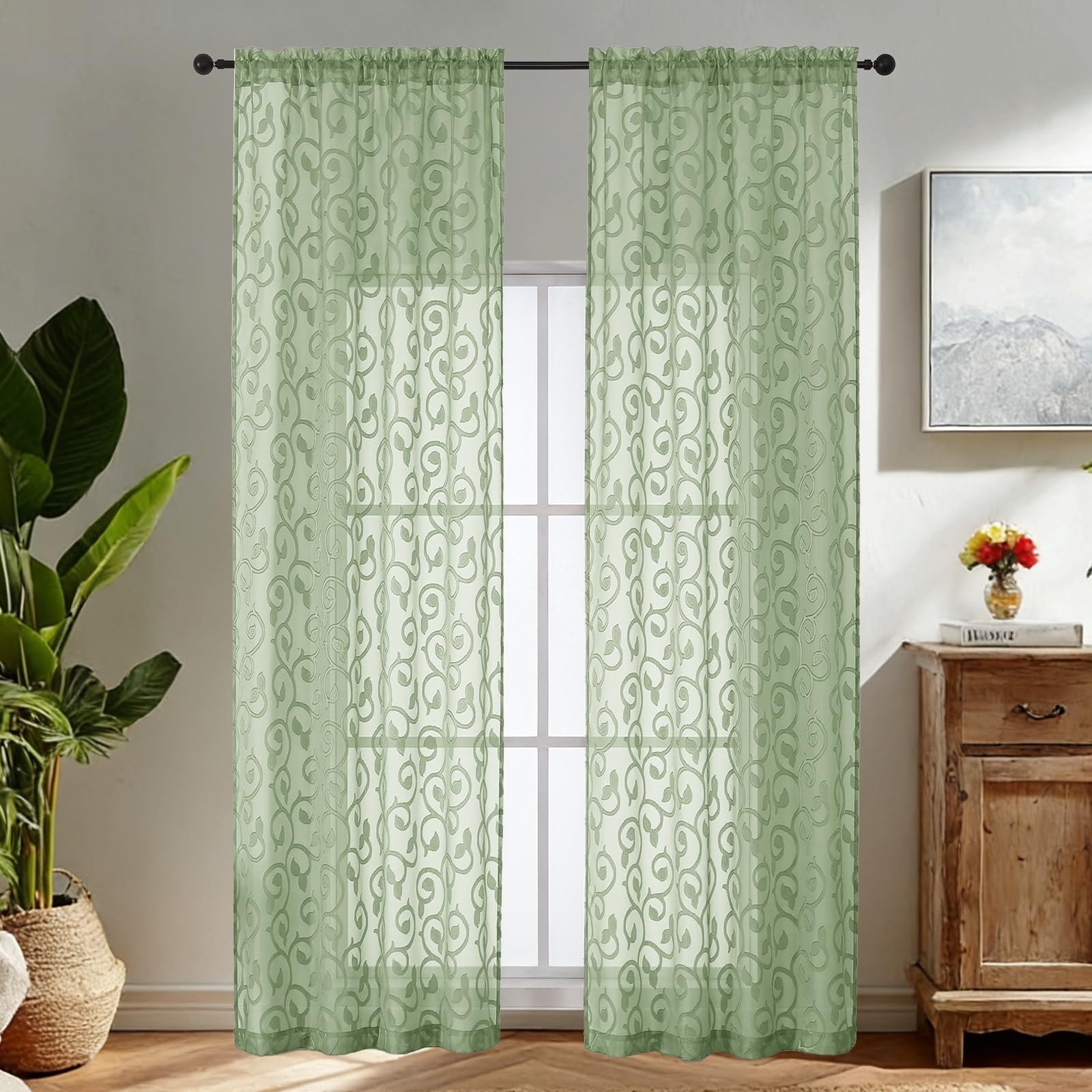 Simplebrand Sage Green Sheer Voile Curtains with Embroidered Pattern, 2 Panels 140x229cm, Dual Rod Pocket Light Filtering Patio Door Curtains