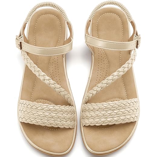 Aomigoct Dressy Womens Sandals Summer: Comfortable Strappy Flats Sandals Women - Casual Walking Woman Shoes
