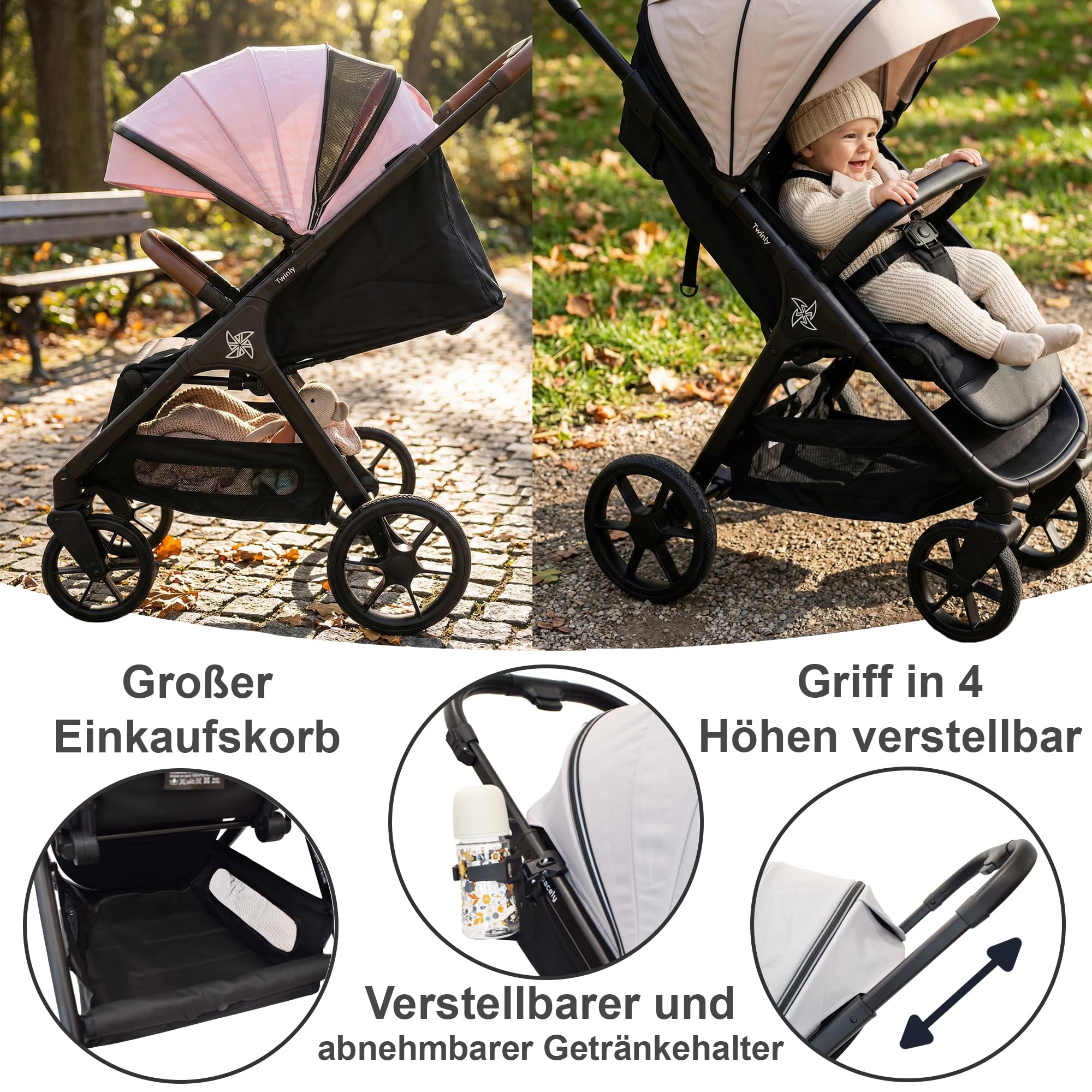 Twinly Spacely Buggy bis 25kg Leichter Reisebuggy klein zusammenklappbar mit Liegefunktion Kinderwagen All-Terrain Große Räder XXL Verdeck inkl. Regenverdeck & Becherhalter (Rosa)