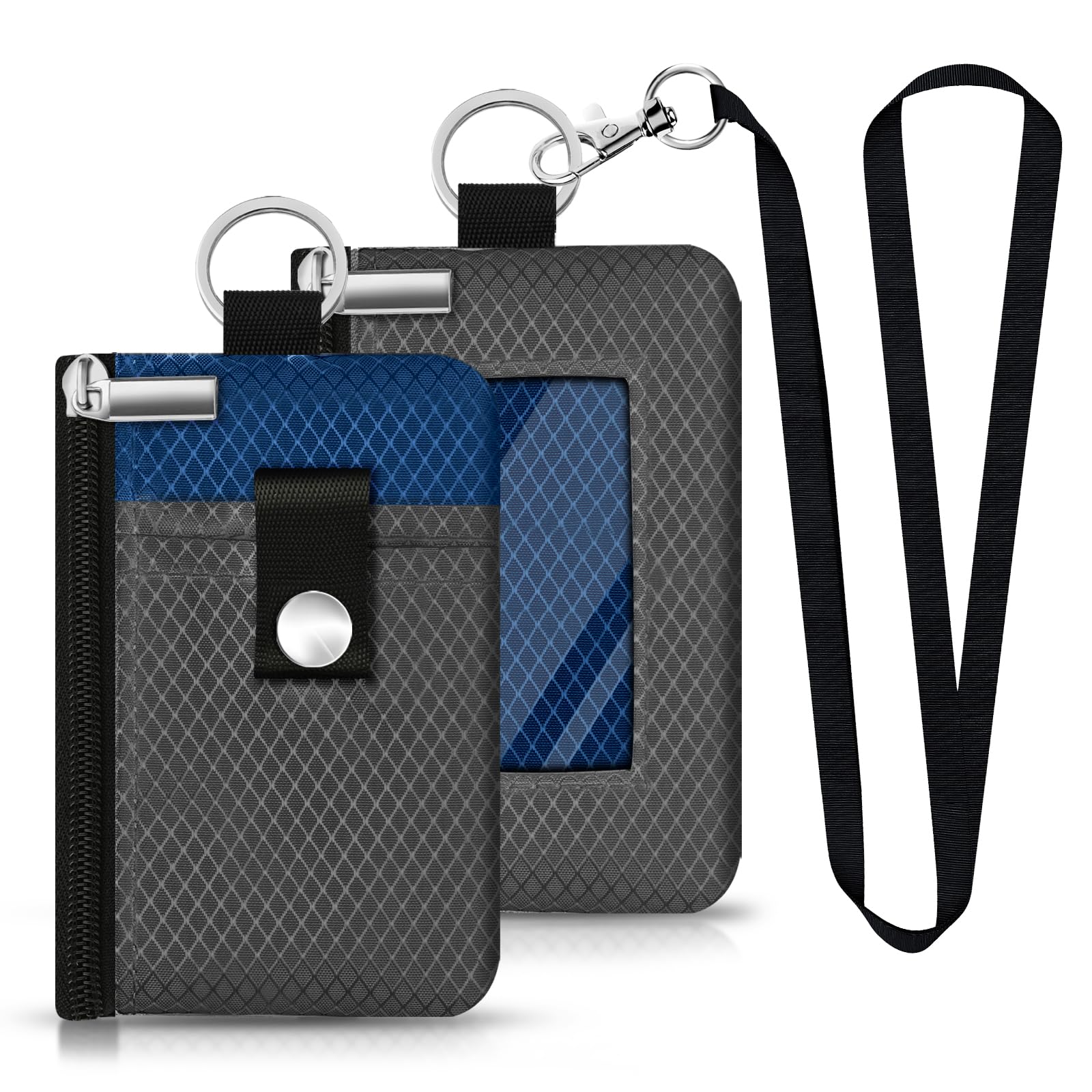 Minimalist RFID Blocking Small Wallet with ID Window,WaterResistant Zip Id Case Wallet with Lanyard Keychain for Cards,Cash,Travel,Women,Men (DarkGrey/Electric Blue)