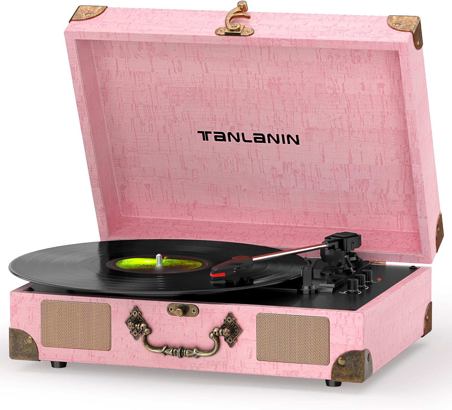 Vinyl Record Player with Bluetooth Output & Input, Treble & Bass Control, Vintage 3-Speed Portable Suitcase Turntable with Built-in Speakers, RCA Out, Headphone Jack, Pink