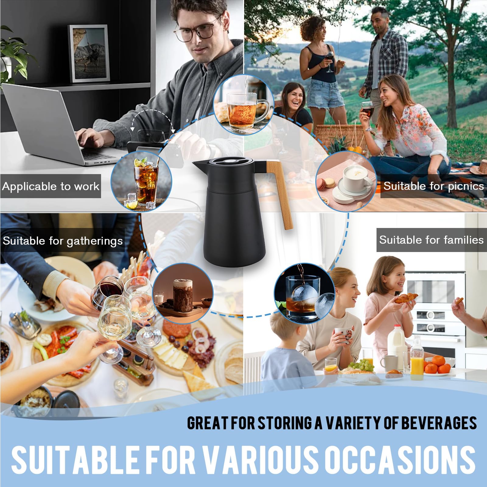 Caraffa Termica Per Caffè Brocca Sotto Vuoto Isolata, Acciaio Inossidabile 18/10, Con Manico In Legno, Per Tè Caldo E Freddo Caffè, Per Home Office Hotel (Nero,1.5L)