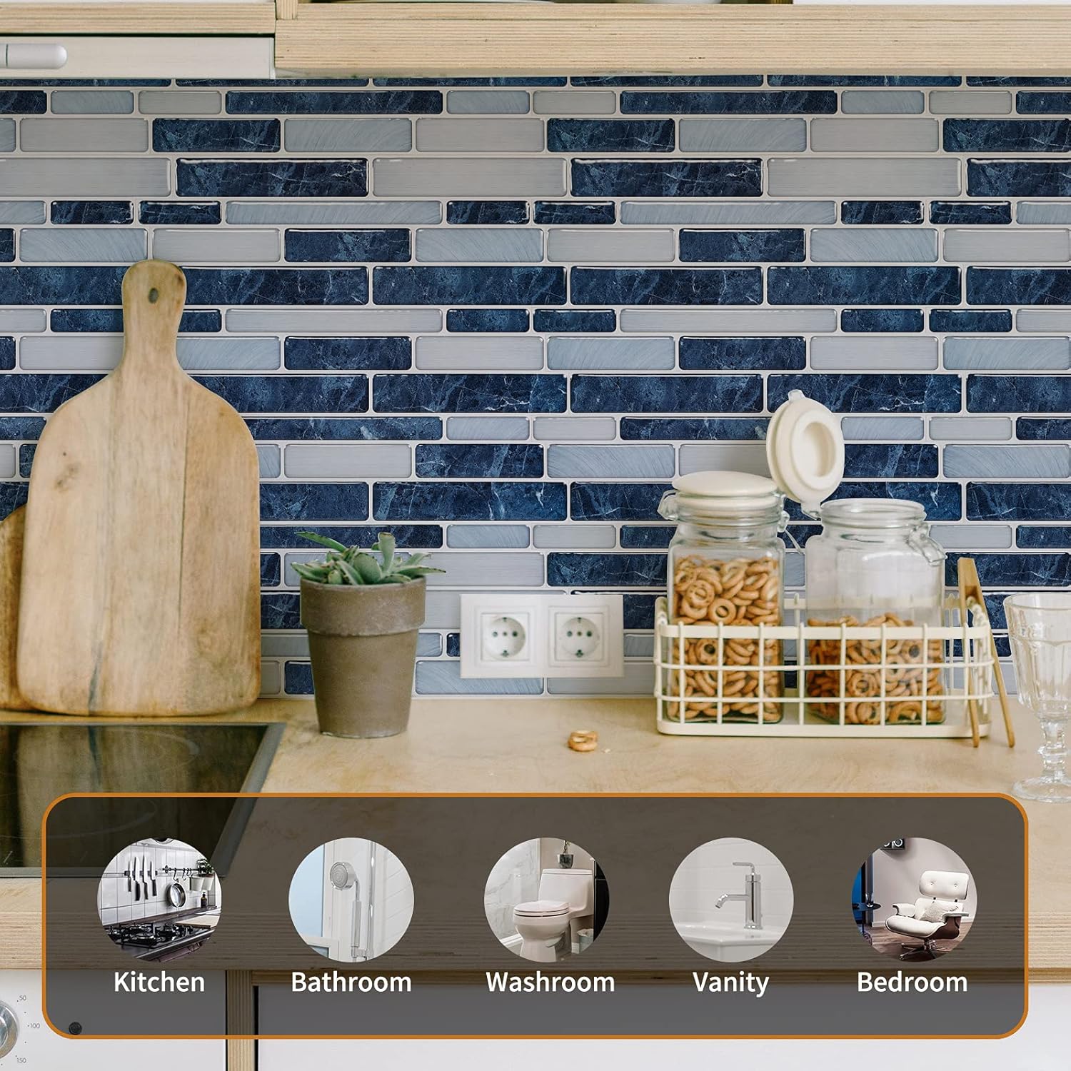 WOWSTAR 10-Sheet Peel and Stick Backsplash Tile for Kitchen Wall, Back Splash Stick On Tiles for Kitchen (12"x12", Dark Blue)