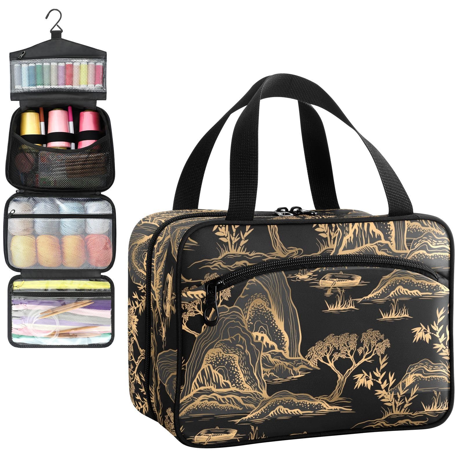 YNNALE Sewing Supply Organizer Bag, Chinoiserie Black and Gold Mountain River Landscape Portable Sewing Bags with Pockets&Hanger, Sewing Storage Box Case for Sew Supplies/Kit/Tools/Accessories