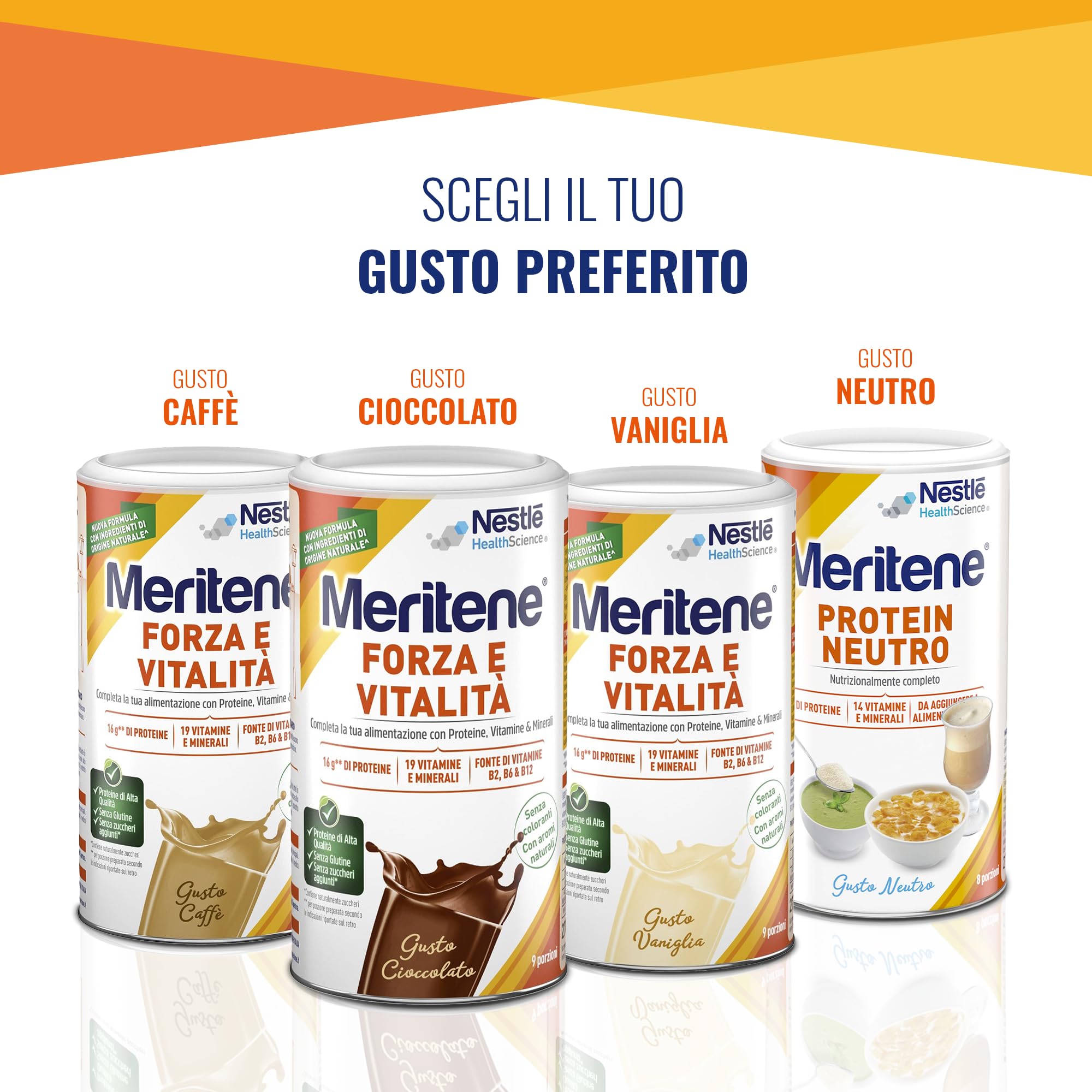 Meritene Forza & Vitalità gusto Caffè, Vaniglia & Cioccolato,bevanda alimentare in polvere Arricchito di Vitamine,Minerali e Proteine | Rafforza il tuo Sistema Immunitario e la Salute delle Ossa