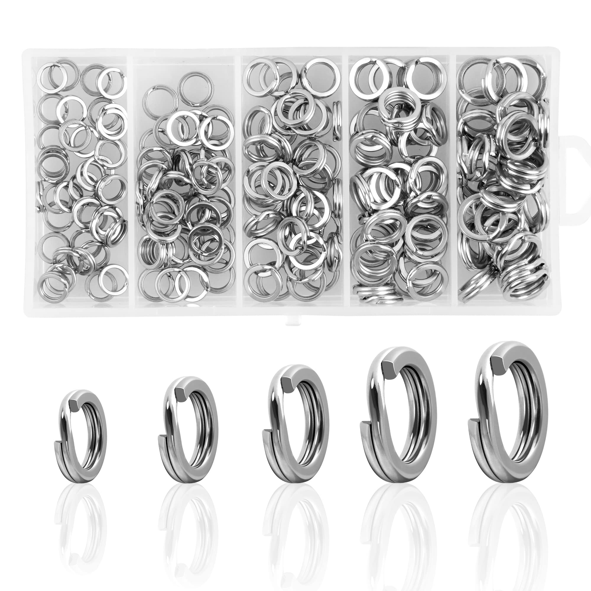 Stainless Steel Fishing Split Rings,200pcs Assortment Kit High Strength Double Flat Snap Rings Heavy Duty Lure Connectors Saltwater Terminal Tackle Connector Jigging Trolling (200pcs - Silver)