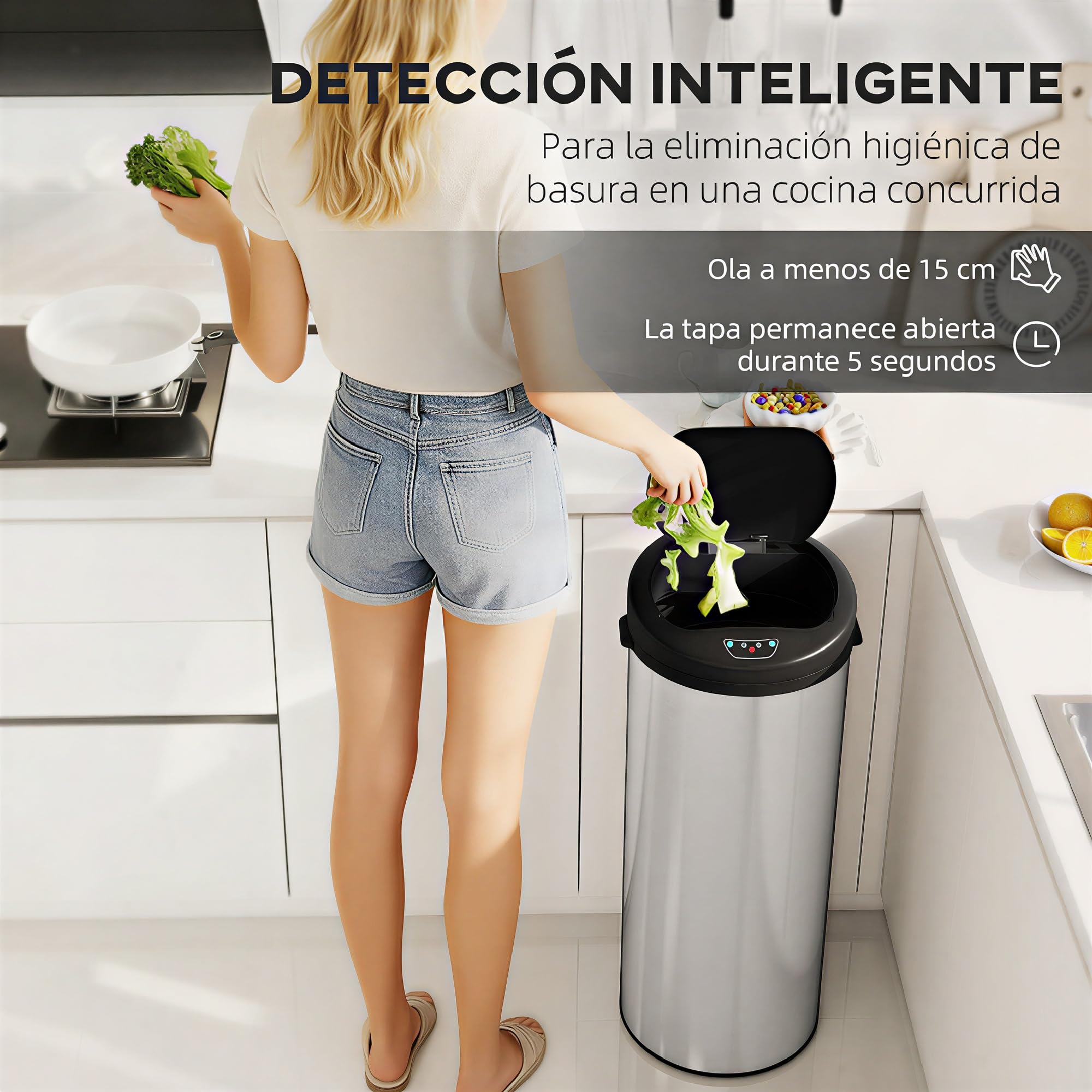 HOMCOM Cubo de Basura Cocina Automático 55 L con Sensor Infrarrojo, Papelera de Cocina de Acero Inoxidable Antihuellas con Cierre Suave y Anillo para Hogar, Oficina y Dormitorio, Plateado