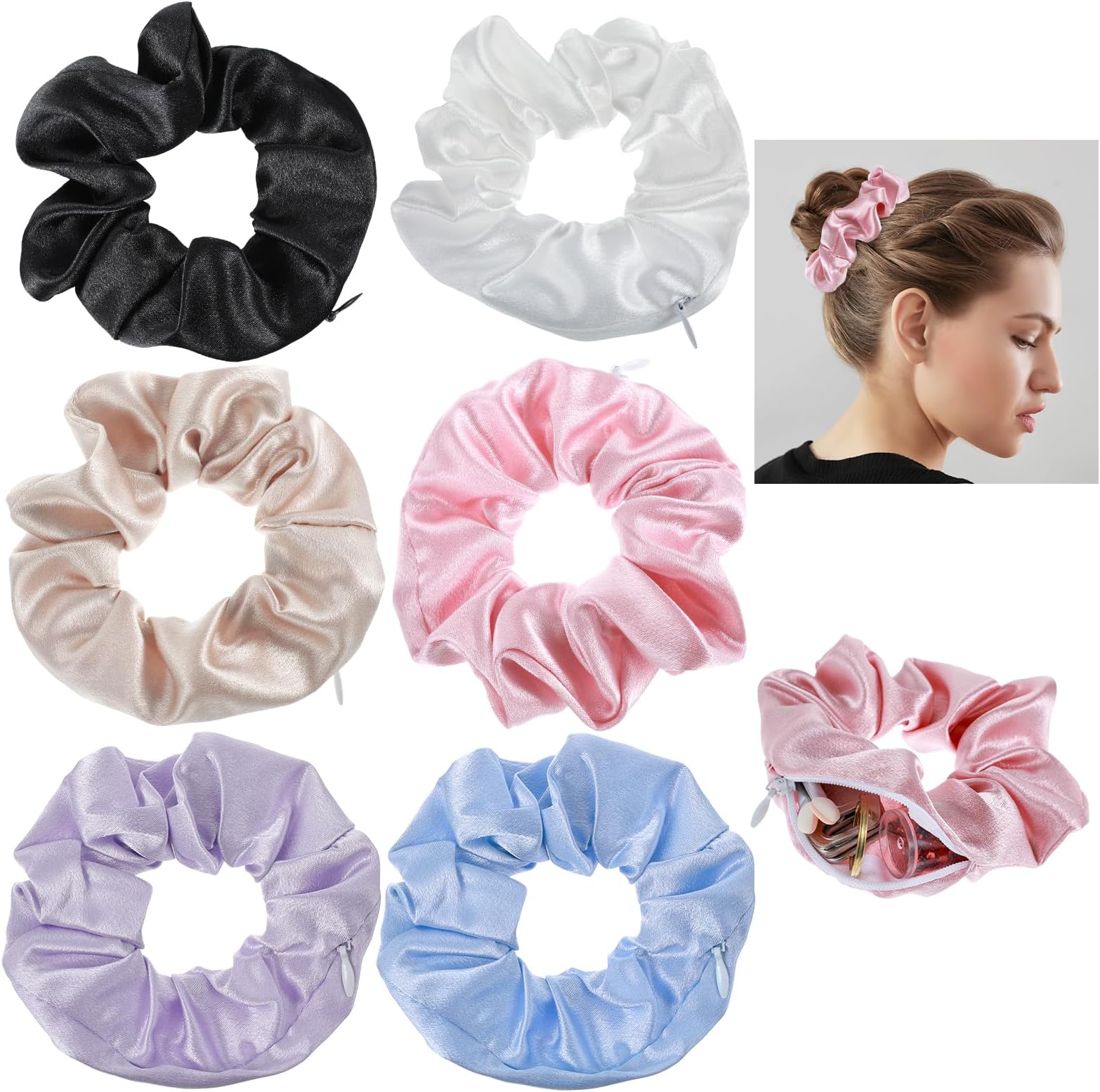 6PCS Scrunchie with Zipper Pocket, Stash Scrunchie with Hidden Pocket, Silk Zipper Scrunchies, Elastic No Damage Hair Ties Ponytail Holder Accessories for Keys, Money, Small Items (6 Colors)