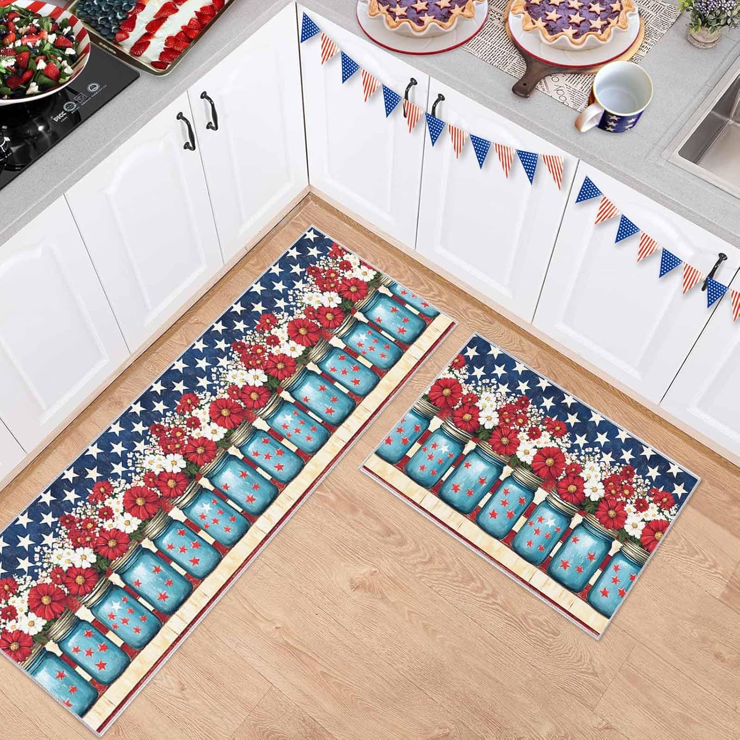 2 Pieces Kitchen Rugs and Mats,Independence Day White Red Flower Wood Area Runner Rug Set Non Slip Floor Doormat Washable Carpet Standing Mat for Kitchen Sink Indoor Corridor,Patriotic Star USA Flag