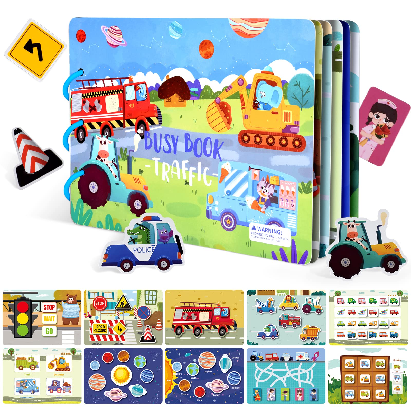 ASTARON Educational Montessori Toys Traffic Busy Book for Toddler, 10 Themes Preschool Sensory Learning Toys, Kids Birthday Gift Airplane Car Travel Activities